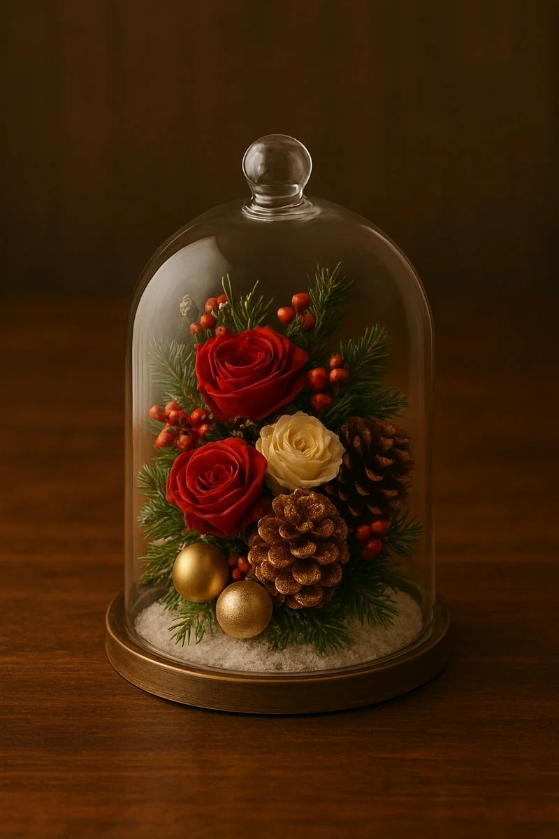 Christmas cloche with red and cream roses pinecones berries and gold ornaments on a wooden base