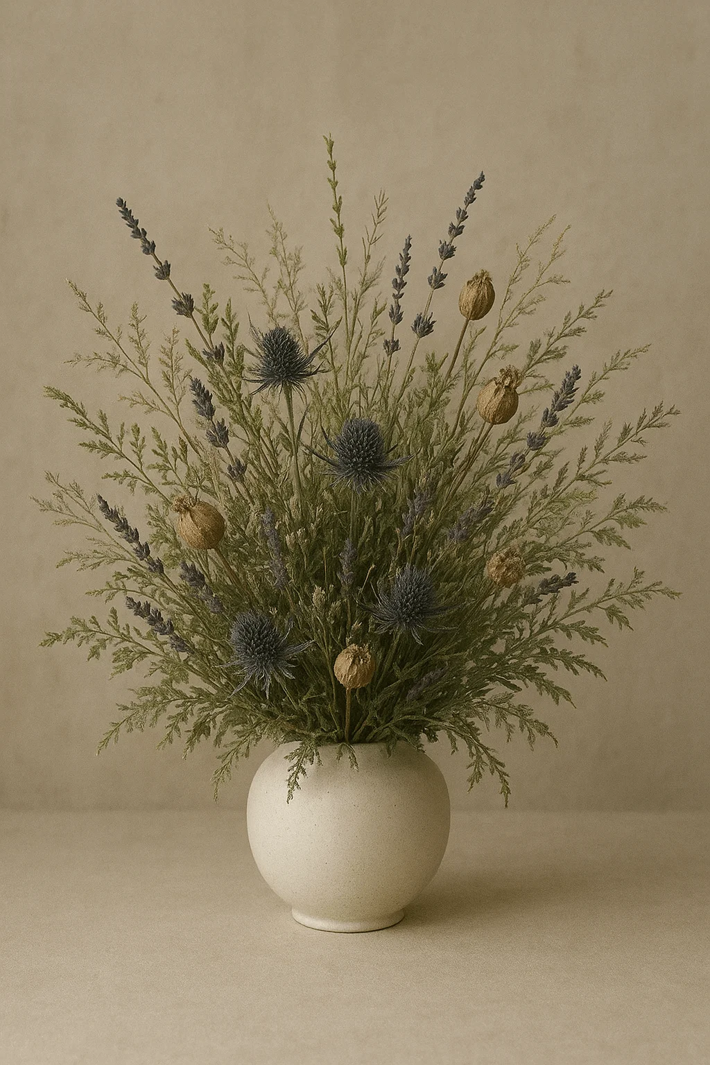 Enchanted forest–inspired winter arrangement featuring dried thistle lavender seed pods and airy foliage styled in a matte ceramic vase for a soft moody woodland look