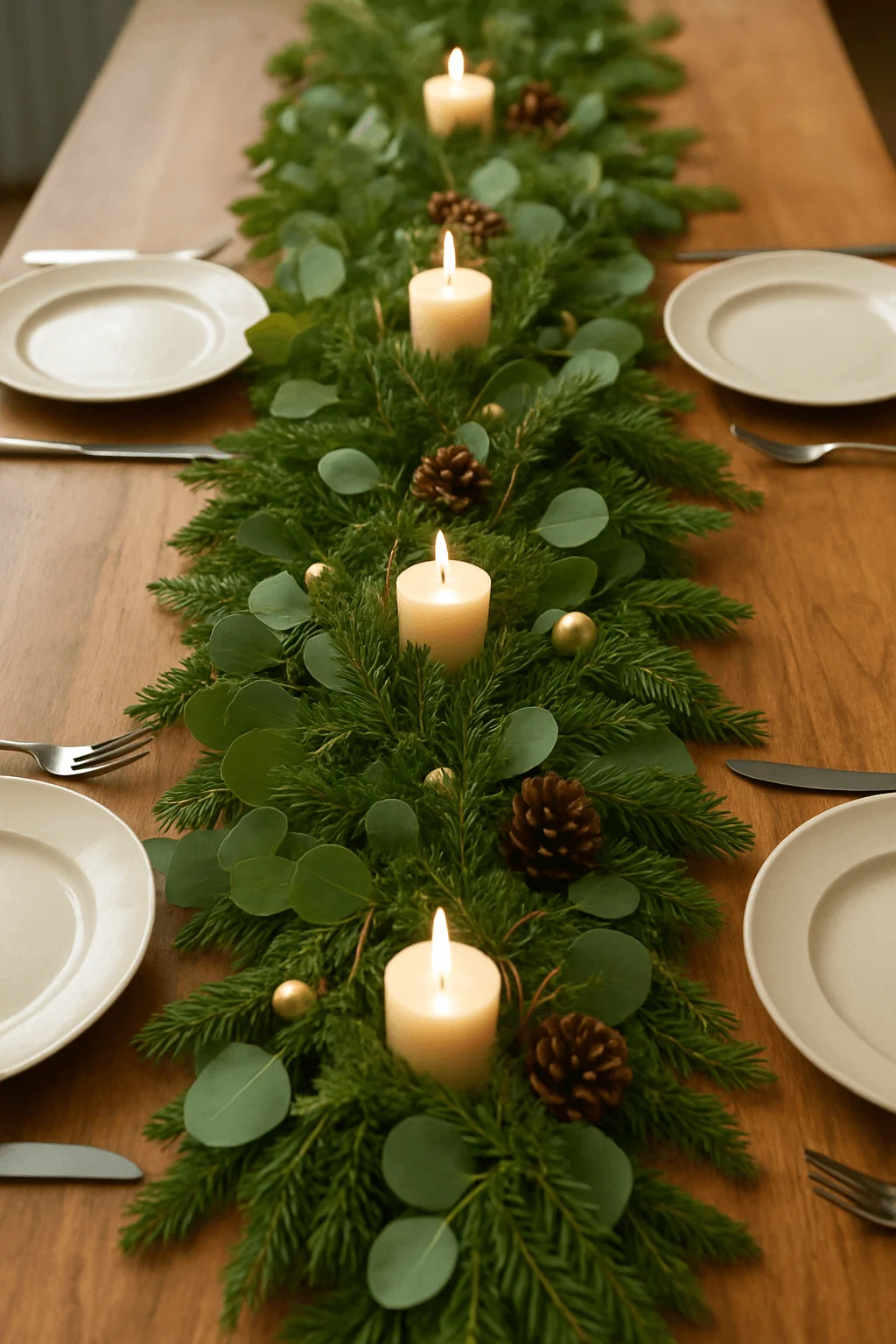 Christmas table garland centerpiece with evergreen branches eucalyptus pinecones and glowing candles