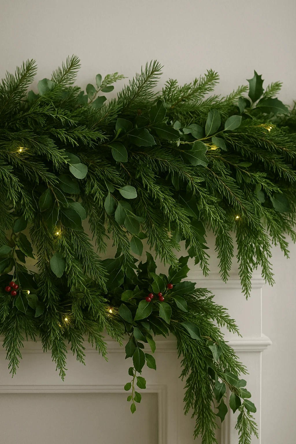 evergreen garland with mixed greenery holly leaves red berries and warm string lights draped over a white mantel for winter decor