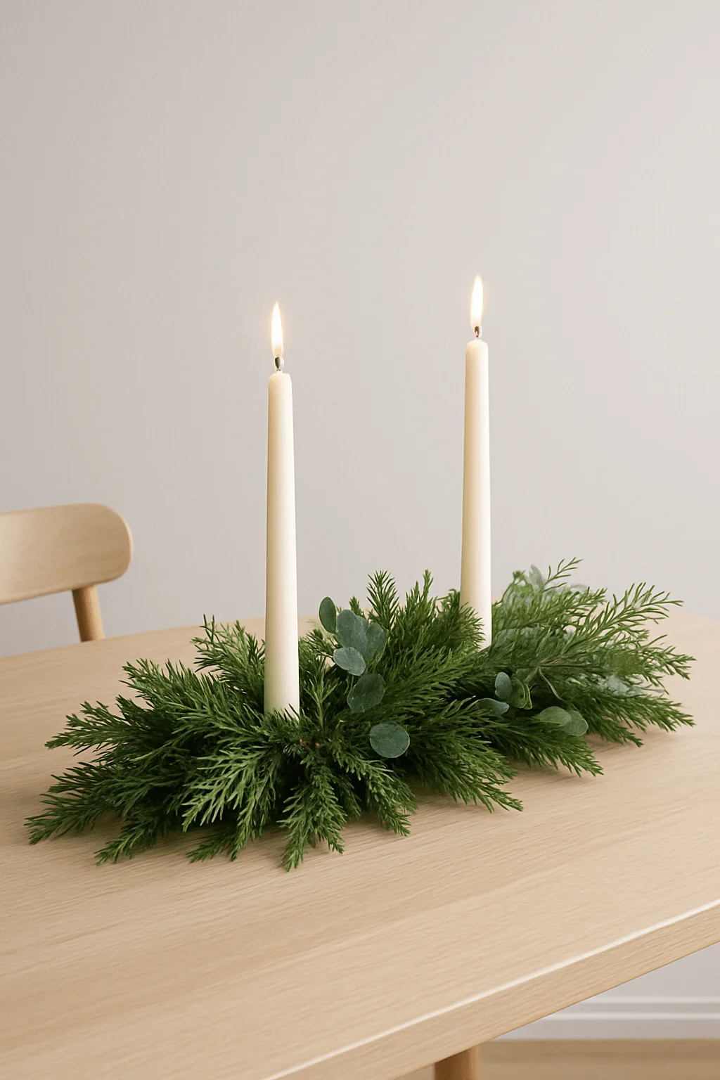 Minimalist Christmas table centerpiece with two lit taper candles surrounded by fresh evergreen branches and eucalyptus leaves