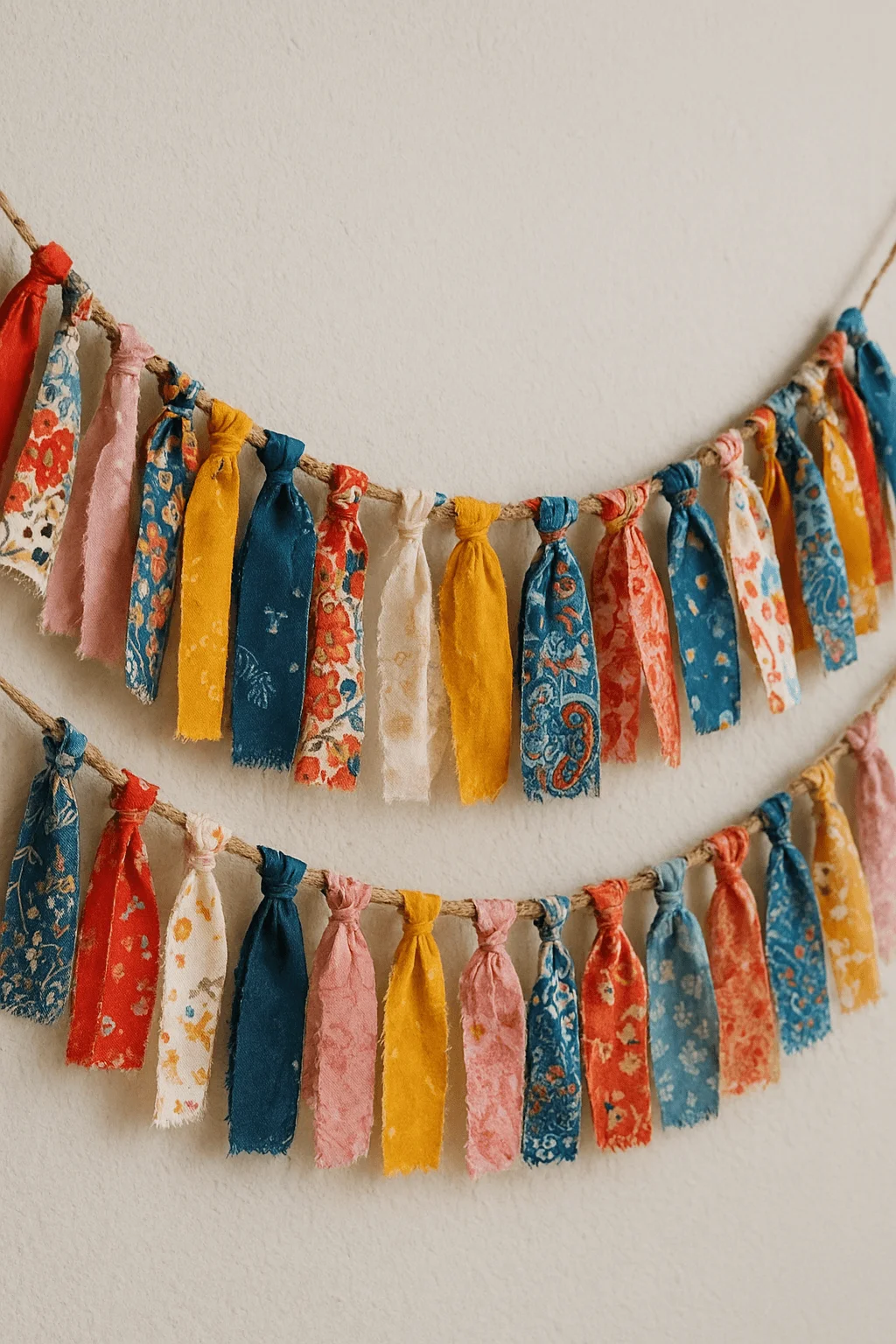 fabric scrap garland made of colorful patterned fabric strips tied onto twine in shades of blue yellow pink red and cream