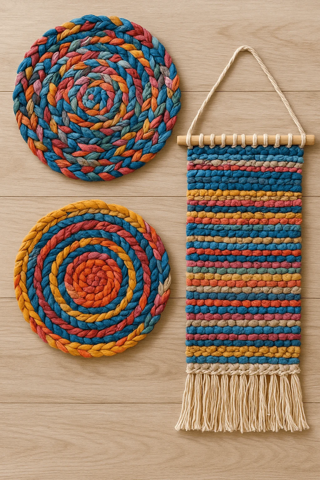 Handmade fabric scrap home decor featuring braided textile rugs and a colorful woven wall hanging made from recycled fabric strips