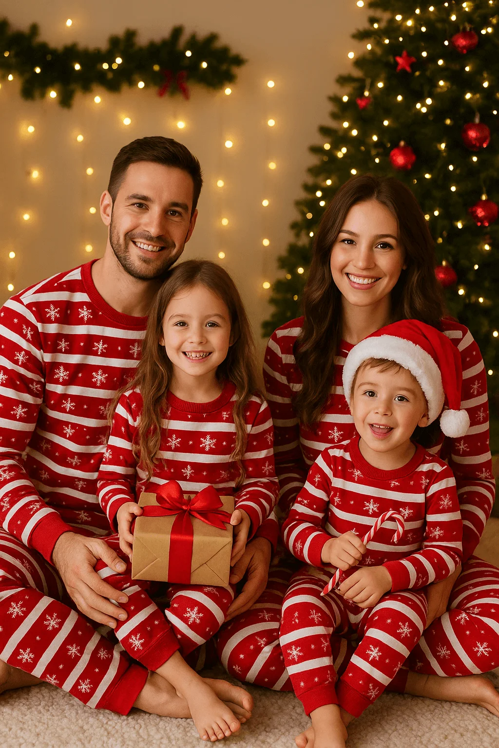 family in matching red christmas pajamas smiling with wrapped gift and candy cane by festive tree and lights
