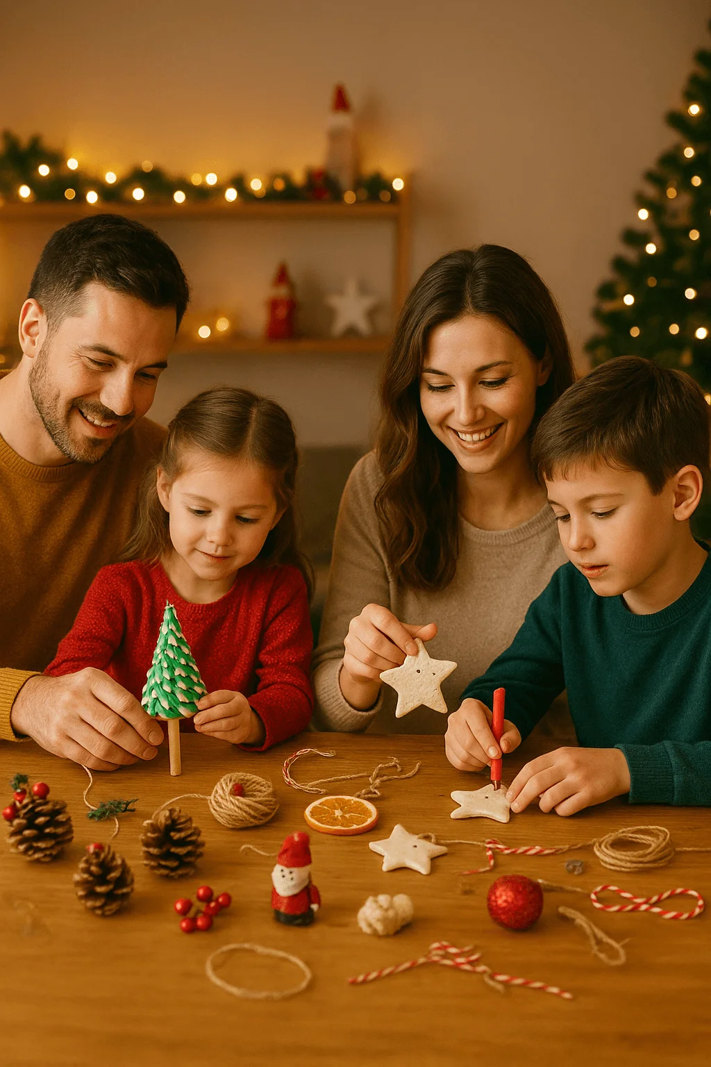 family making christmas ornaments together with pinecones salt dough stars and festive craft supplies