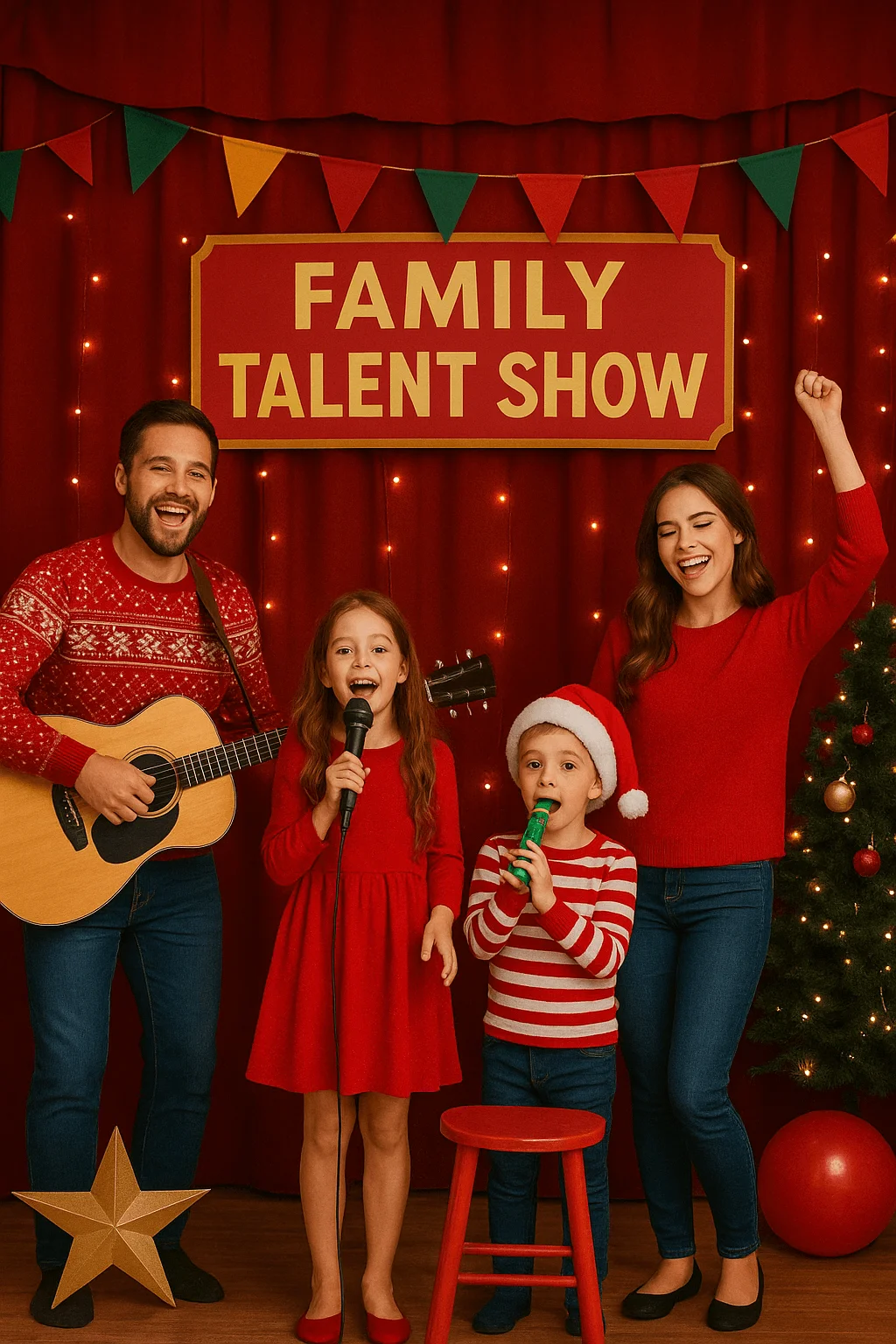 family performing together on stage during a festive talent show with children singing and parents cheering