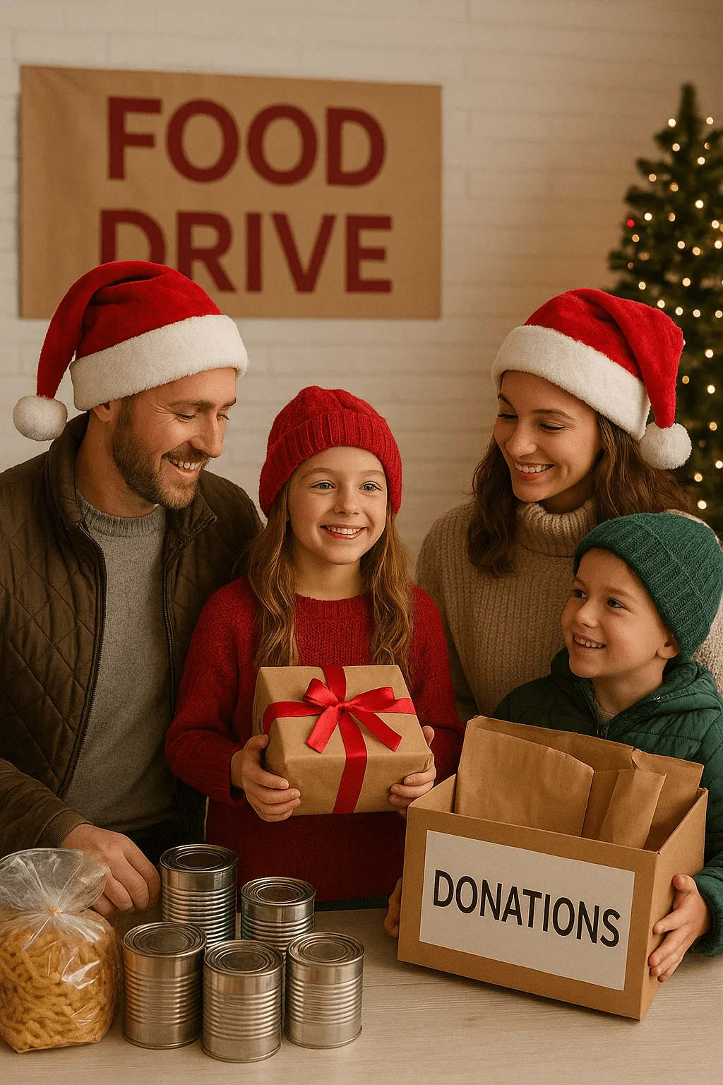 family volunteering at holiday food drive with donation box and wrapped gift