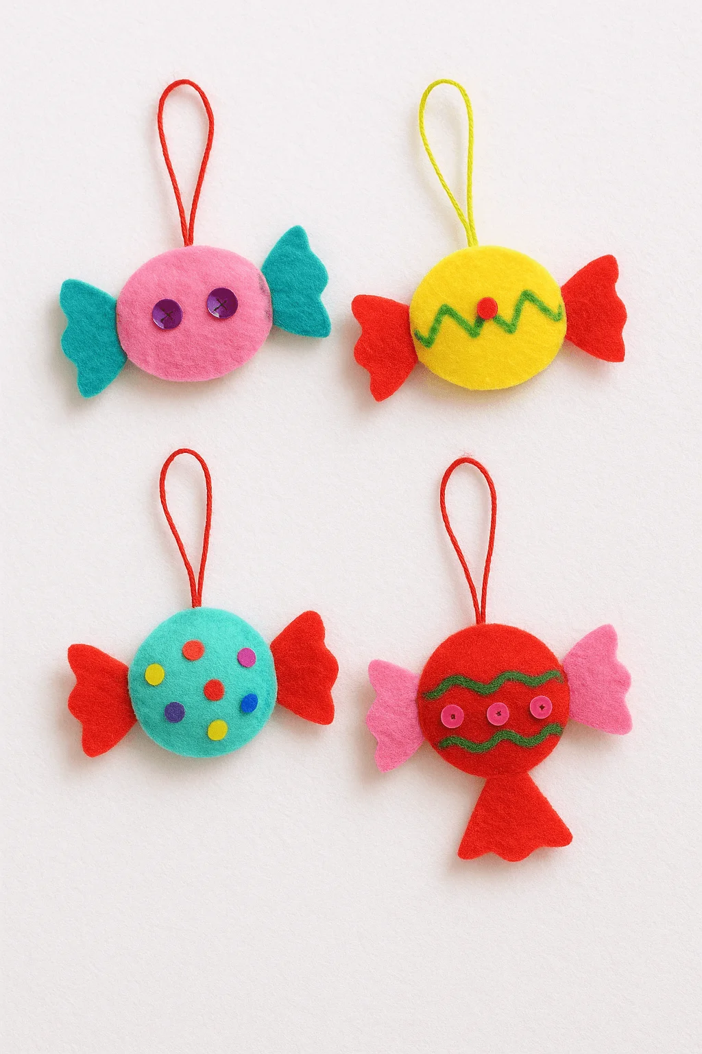 Colorful felt candy ornaments for Christmas crafts with bright shapes and decorative details