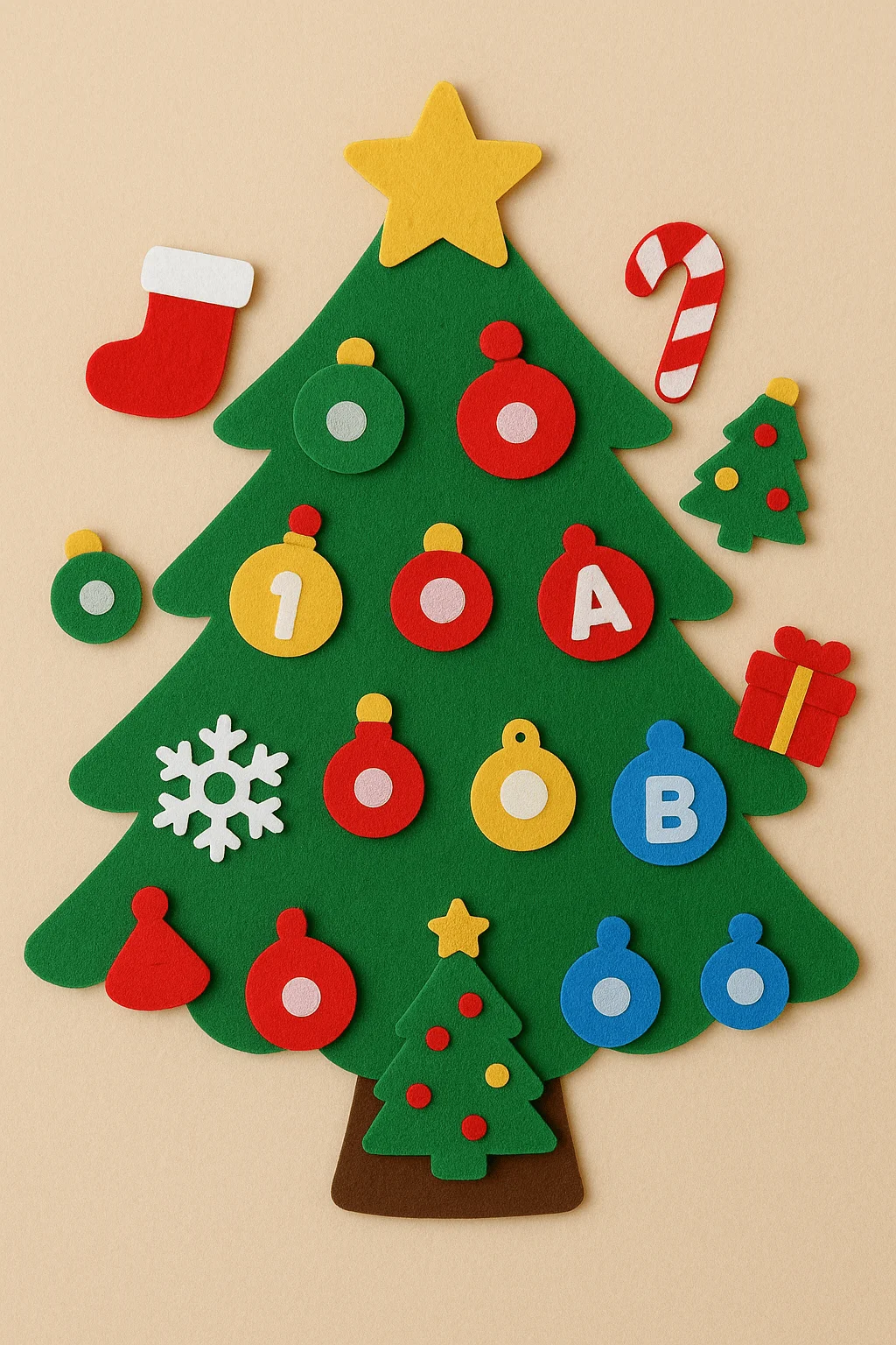 Felt Christmas tree quiet activity with colorful felt ornaments letters shapes and festive pieces arranged on a soft background