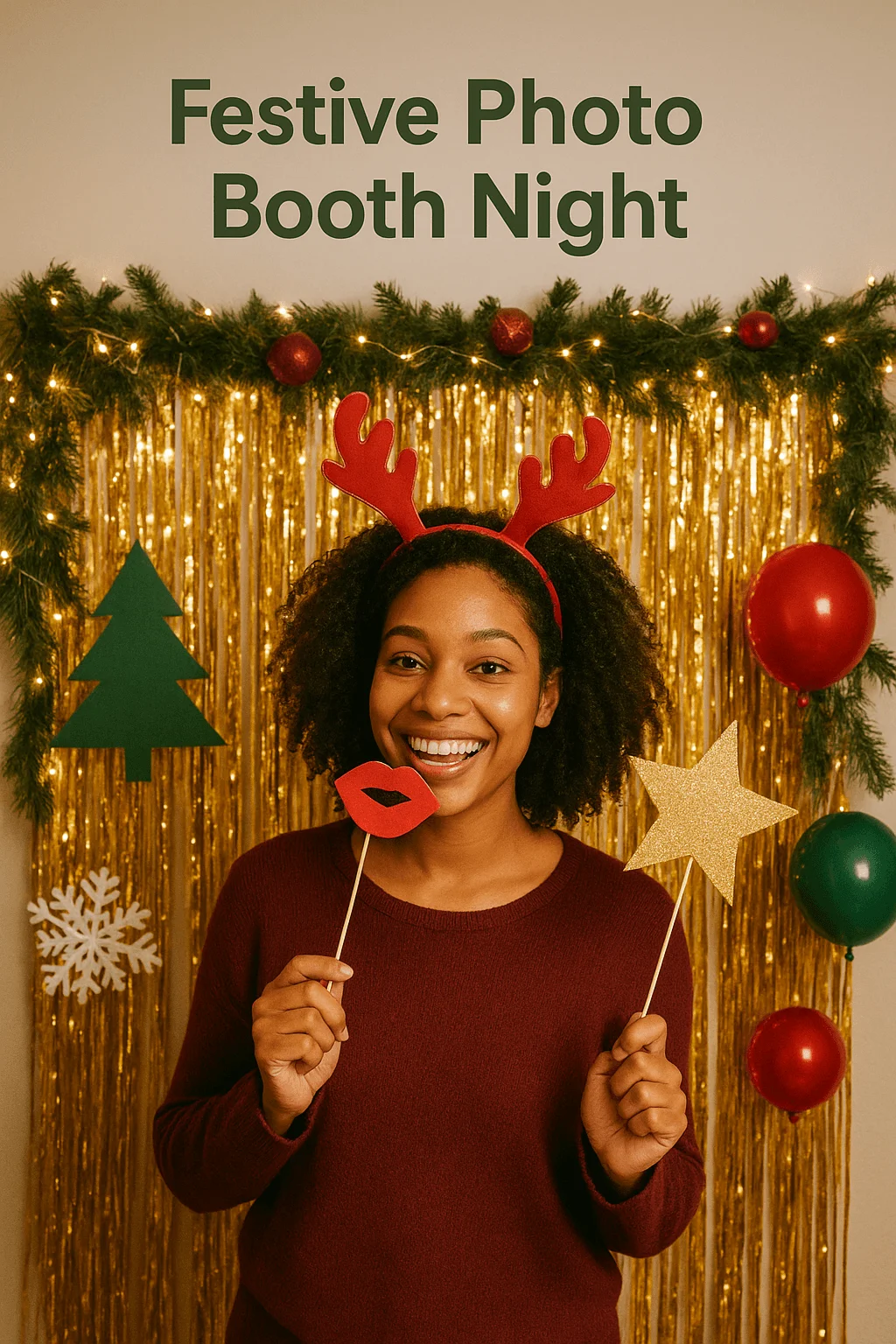 A smiling woman stands in front of a festive holiday photo booth backdrop decorated with gold tinsel, string lights, garland, balloons, and cut-out shapes of a tree and snowflake. She wears red reindeer antlers and holds playful photo props shaped like red lips and a glittery gold star. Text above her reads “Festive Photo Booth Night.