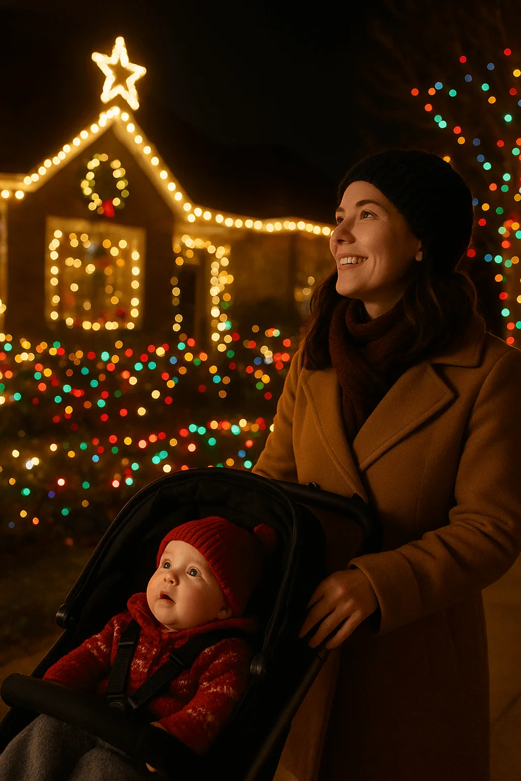 mother pushing baby in stroller while enjoying christmas lights on a festive nighttime walk