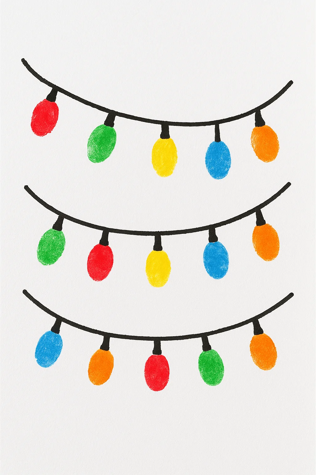 Colorful Christmas string lights hanging in three curved rows with red green yellow blue and orange bulbs