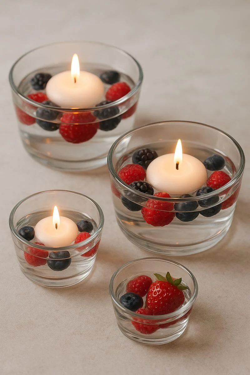 Floating candle bowls with water raspberries blueberries and blackberries arranged as a simple festive centerpiece