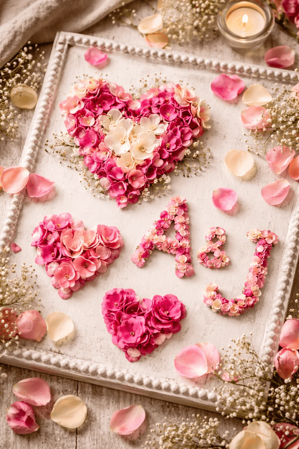 flower petal figurines forming hearts and initials with pink rose petals baby breath and romantic valentines day decor on rustic tray