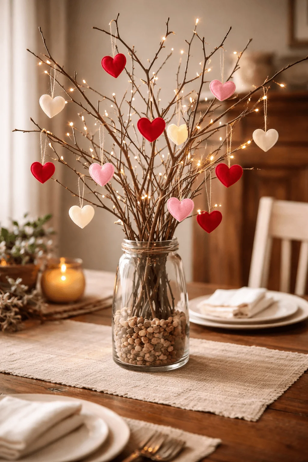 foraged twig and heart branch centerpiece with hanging felt hearts fairy lights and rustic valentines table decor in glass jar