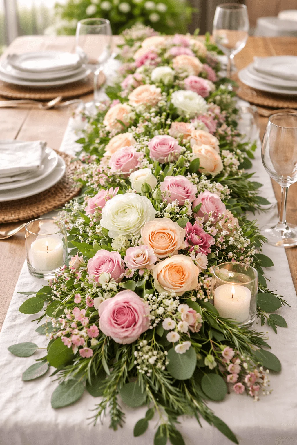 fresh flower table runner with roses greenery and candles creating elegant romantic dining table decor