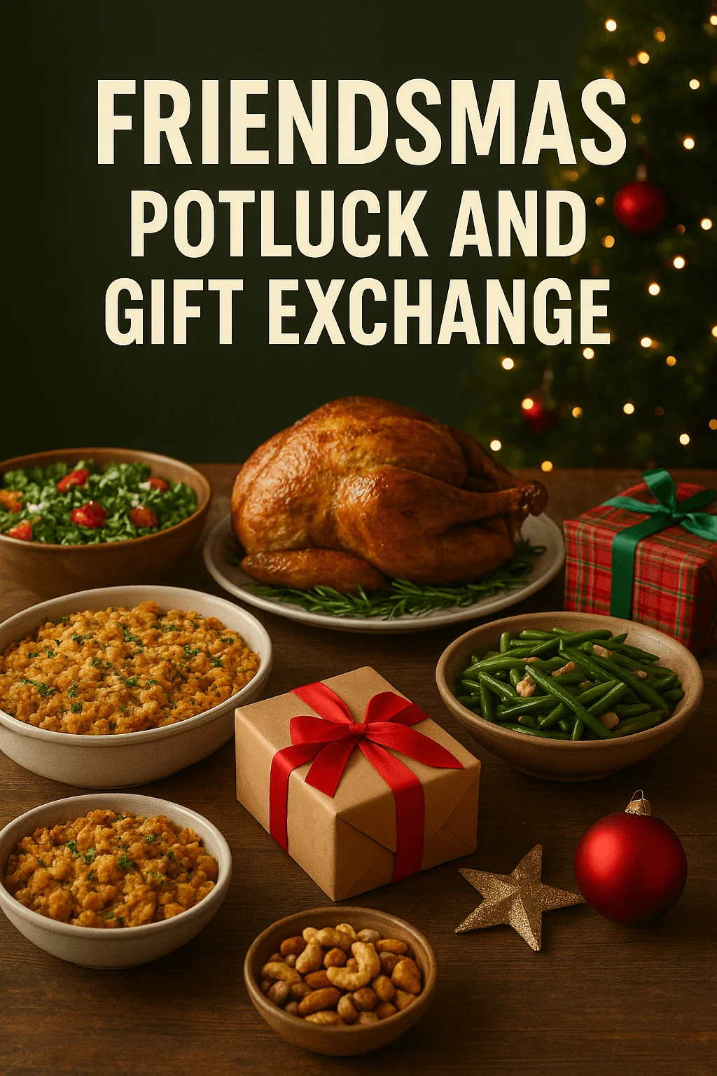 A festive Friendsmas potluck spread featuring a roasted turkey, bowls of stuffing, green beans, salad, and nuts arranged on a wooden table. Wrapped gifts with red and green ribbons sit among the dishes, along with holiday ornaments and a glittery star. A decorated Christmas tree glows softly in the background, and bold text reads “Friendsmas Potluck and Gift Exchange.