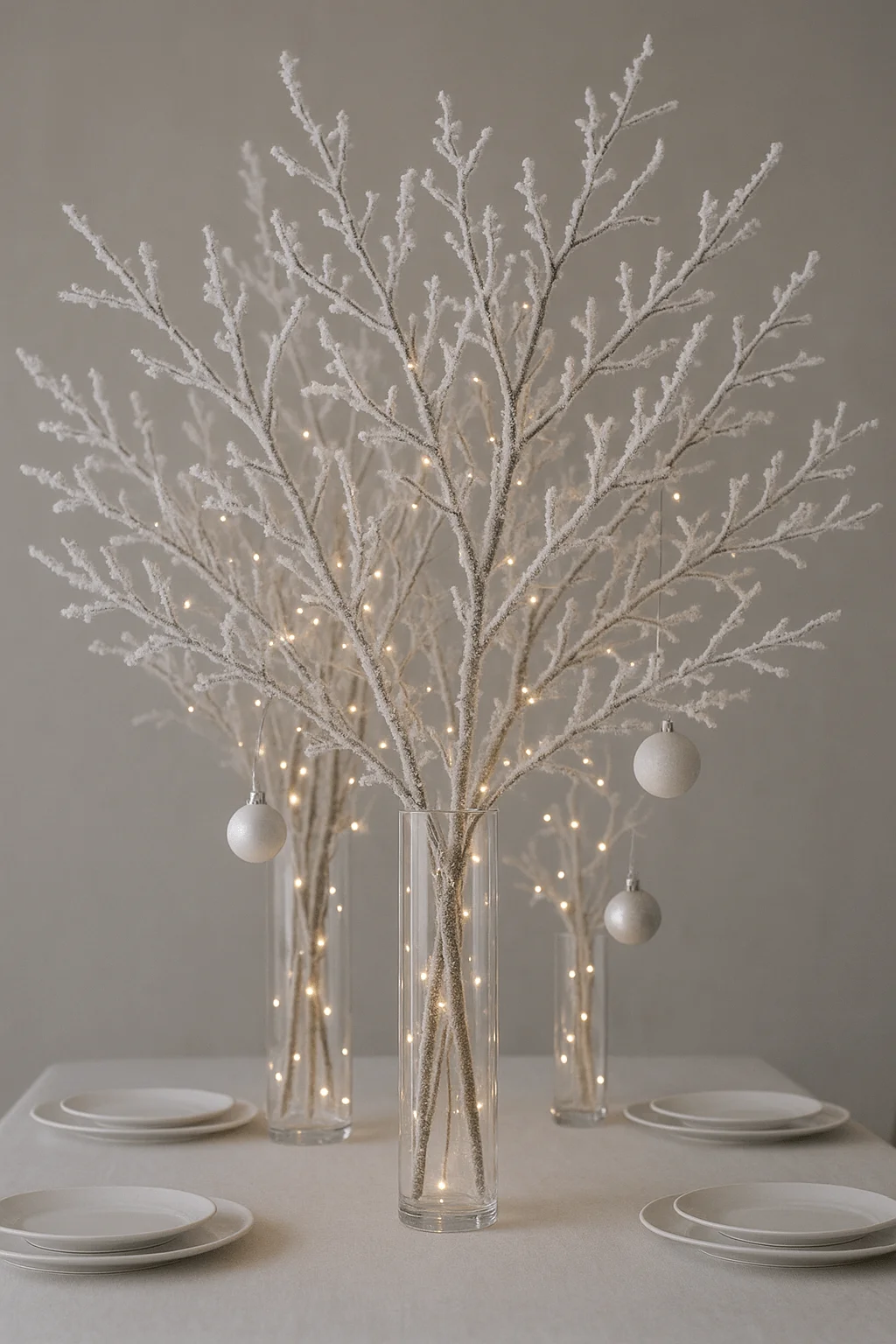 Frosted winter branches with warm fairy lights and white ornaments arranged in tall glass vases as a minimalist Christmas table centerpiece