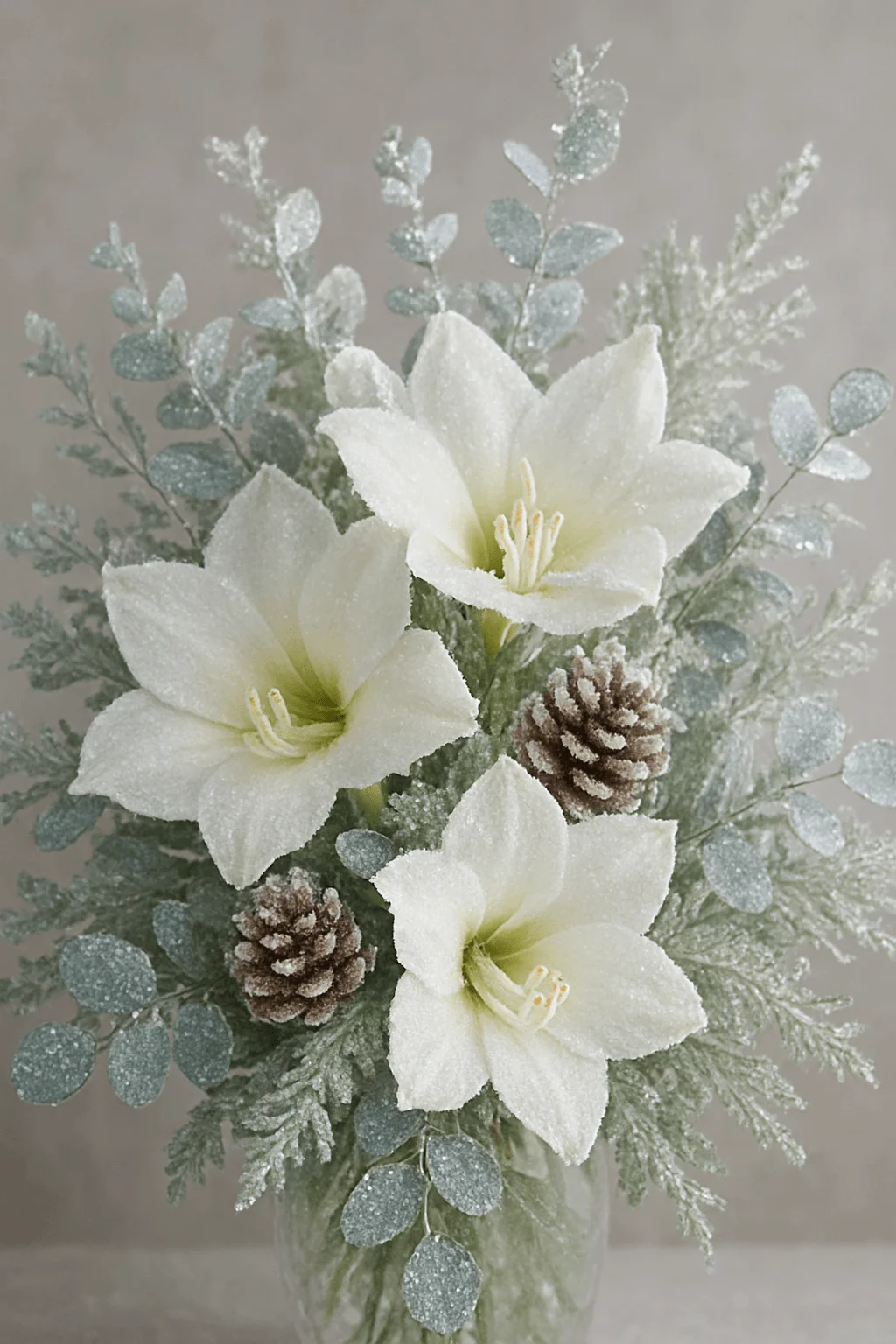 Frosted winter floral arrangement with white amaryllis flowers pinecones and snow dusted eucalyptus foliage in a clear glass vase on a soft neutral background