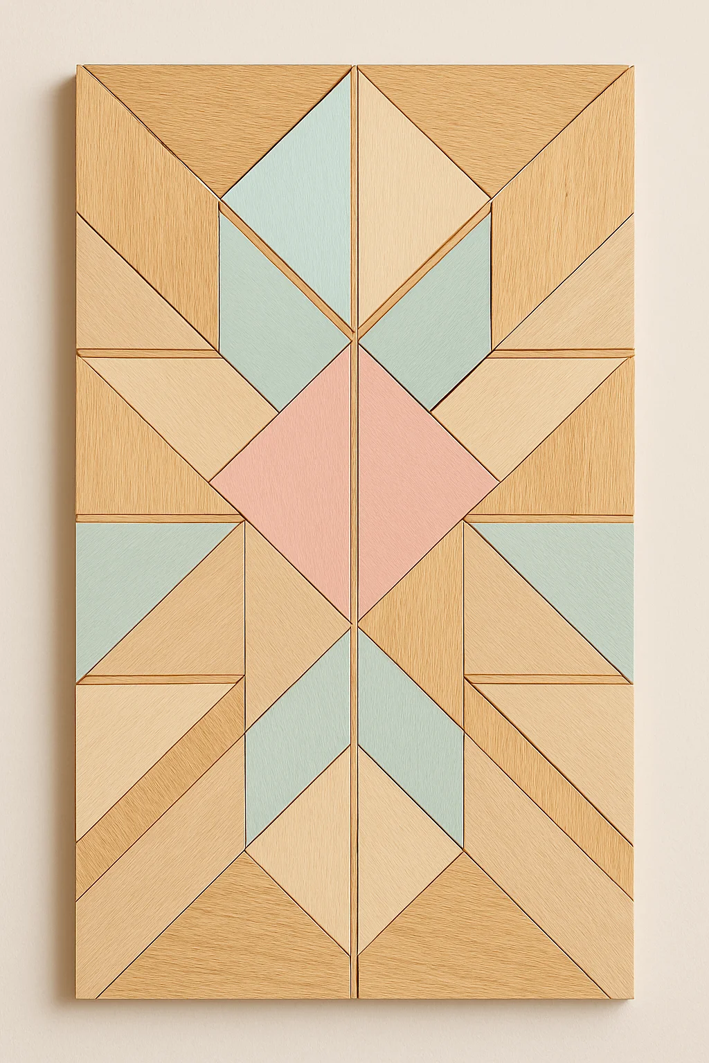 geometric wood panel wall art with pastel shapes and natural wood pattern