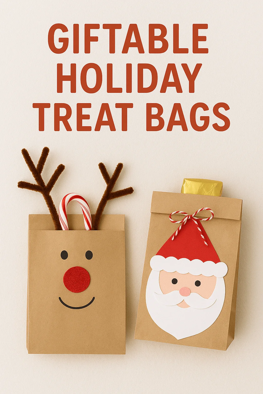 giftable holiday treat bags decorated as reindeer and santa made from brown paper bags with felt and paper details