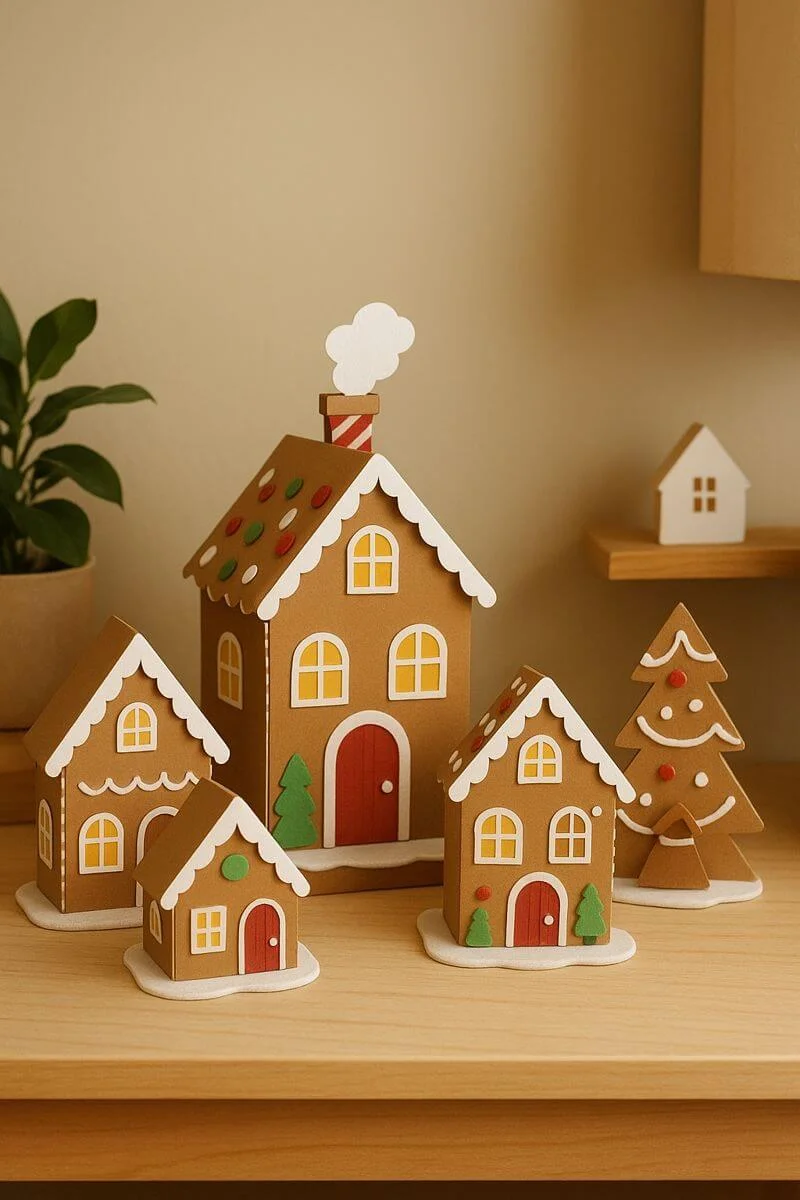 gingerbread house room decor featuring cardboard gingerbread houses of different sizes with icing details candy accents and a matching gingerbread tree displayed on a wooden surface