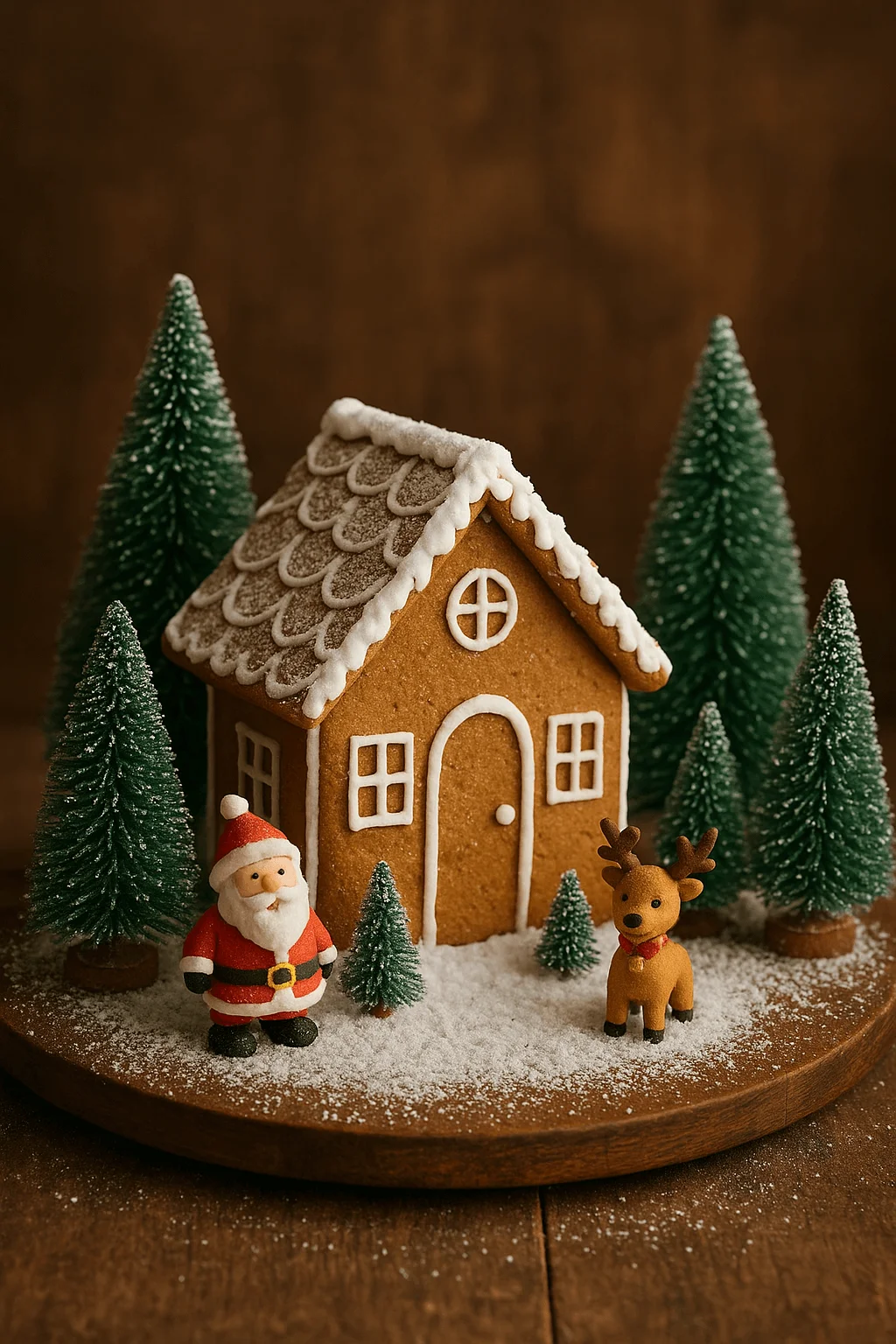 Gingerbread house centerpiece with snowy base bottle brush trees Santa figurine and reindeer figurine