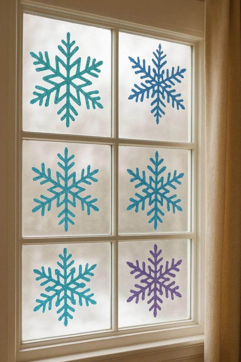 glitter snowflake window decorations in blue and purple on frosted glass panes