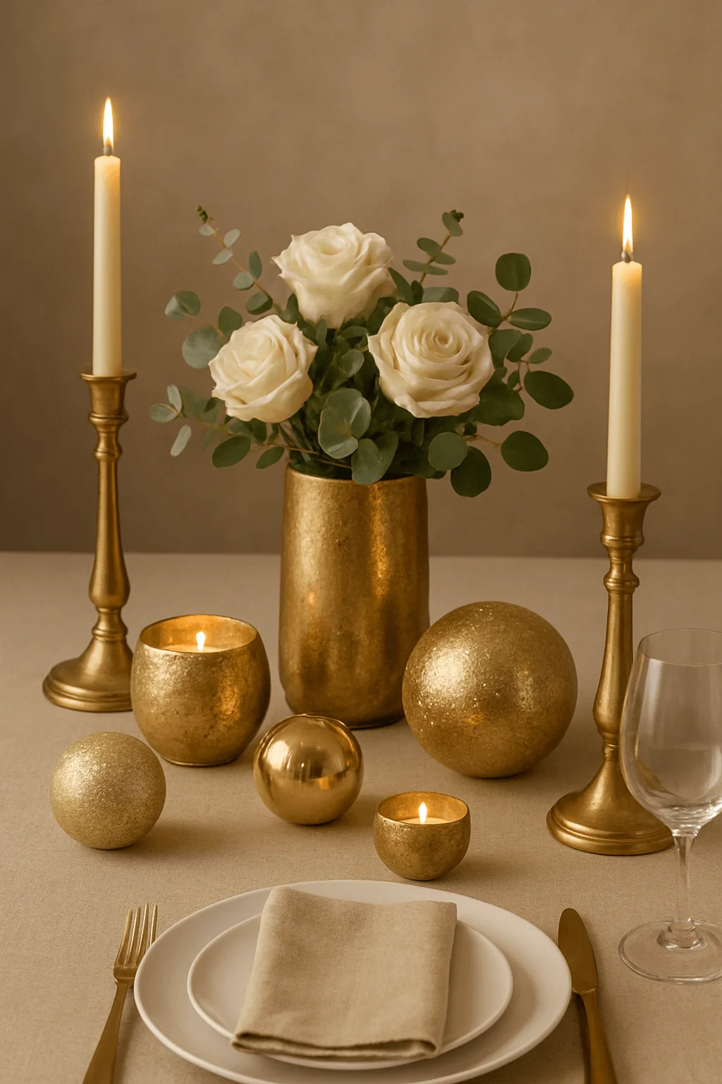 Elegant gold themed holiday tablescape with white roses burning candles and shimmering decorative spheres