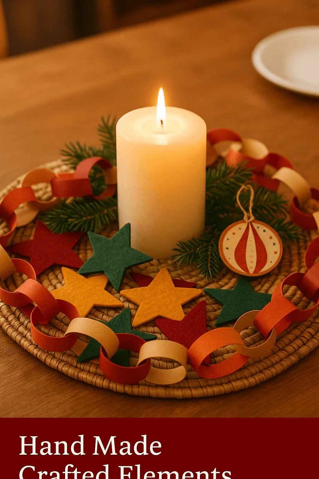 handmade christmas centerpiece with felt stars paper garland greenery and a lit pillar candle