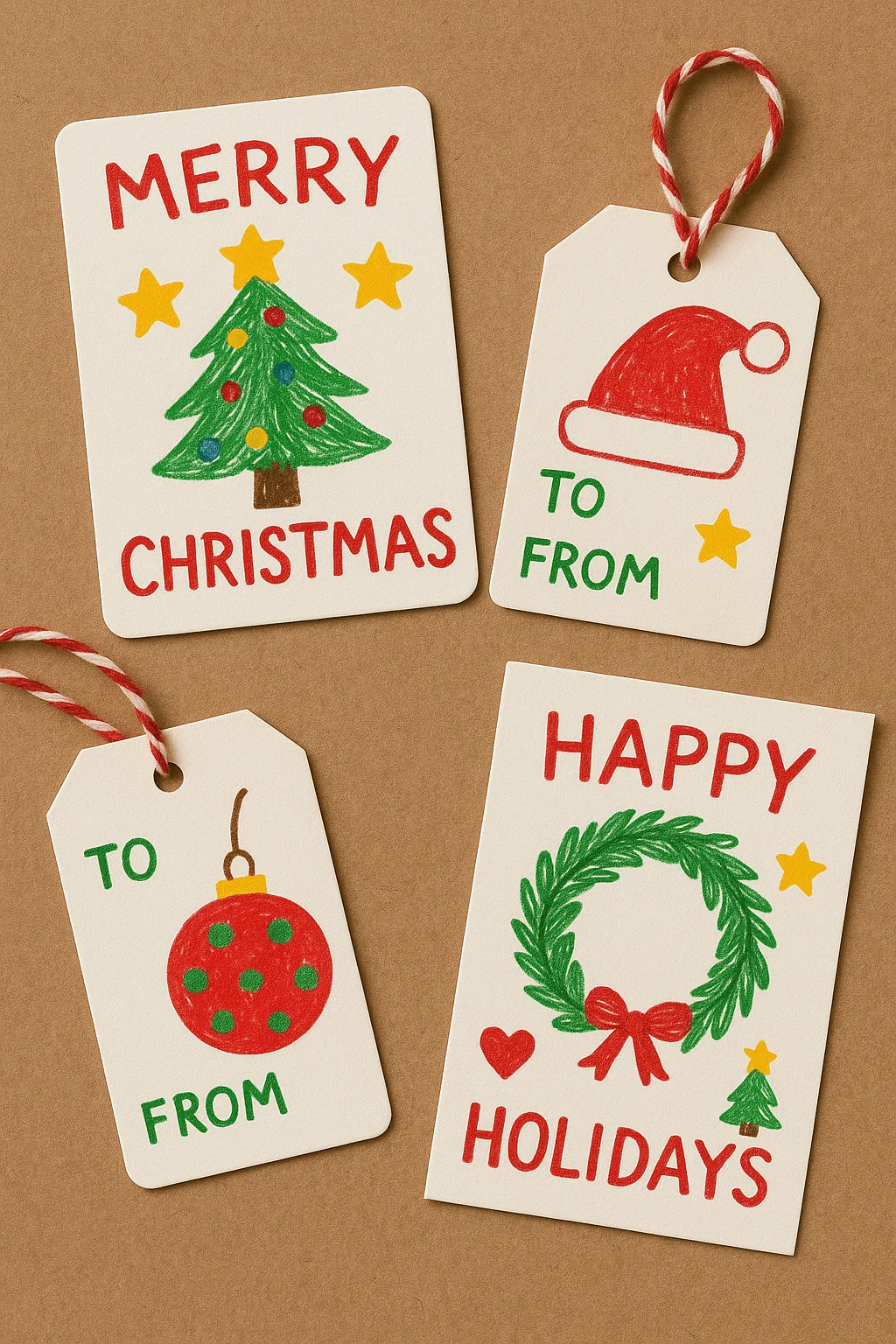 handmade christmas cards and gift tags with colorful drawings of trees wreaths ornaments and santa hat
