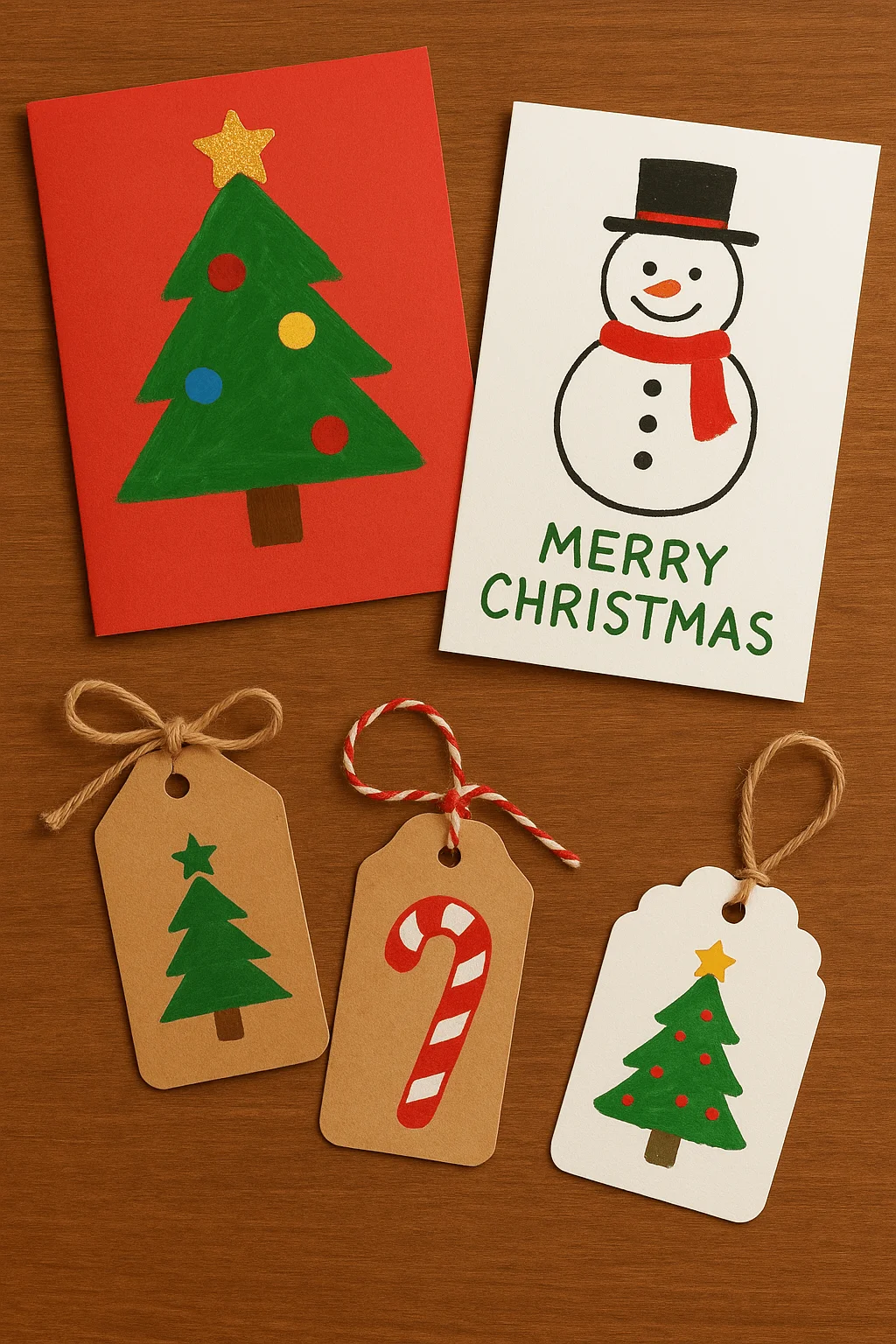 handmade christmas cards and gift tags featuring painted christmas trees snowman and candy cane designs
