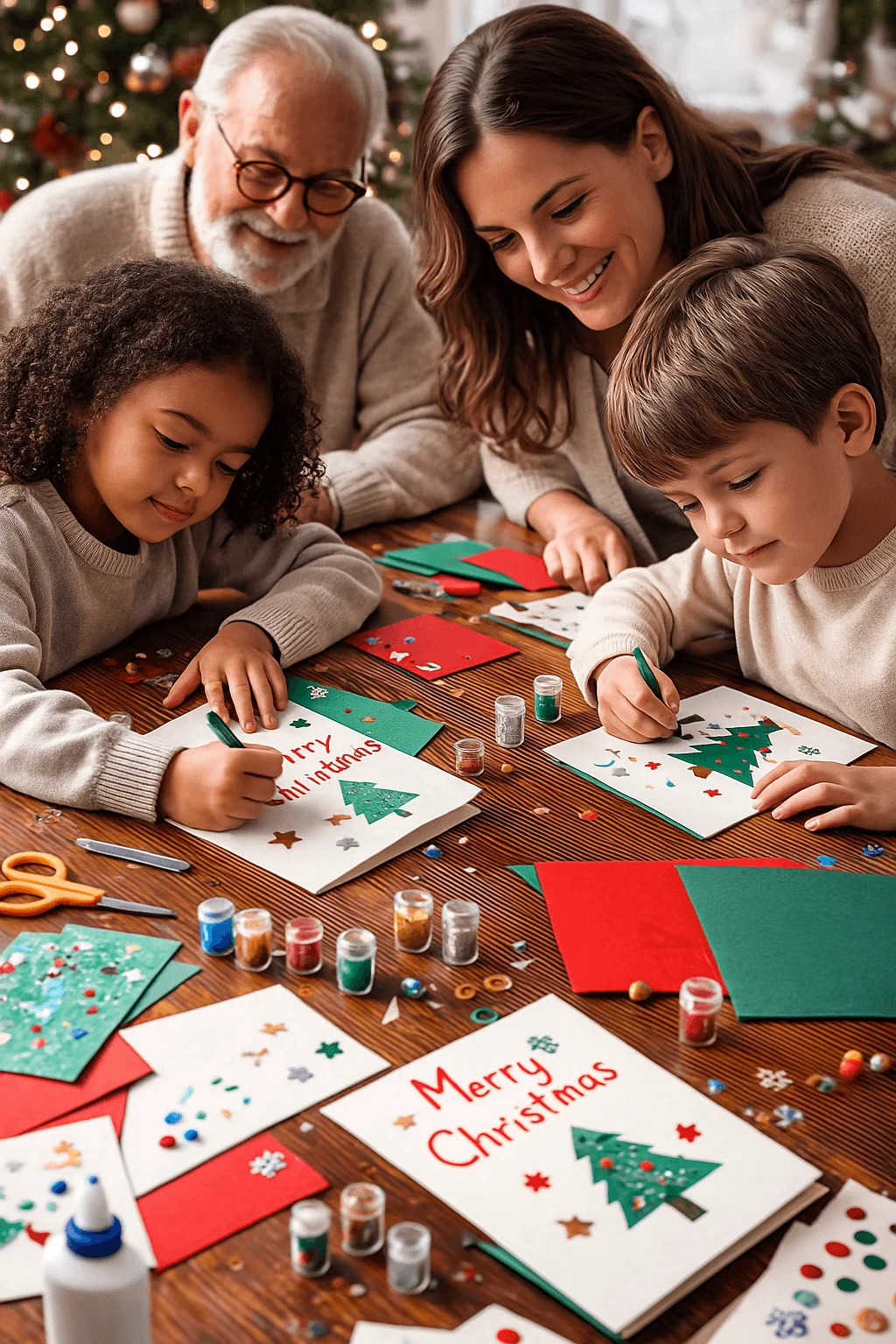family creating handmade christmas cards with children decorating festive designs at a table