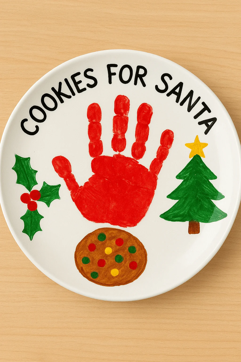 A white plate decorated with a red painted handprint, a Christmas tree, holly leaves, a cookie, and the words “COOKIES FOR SANTA” in black lettering.