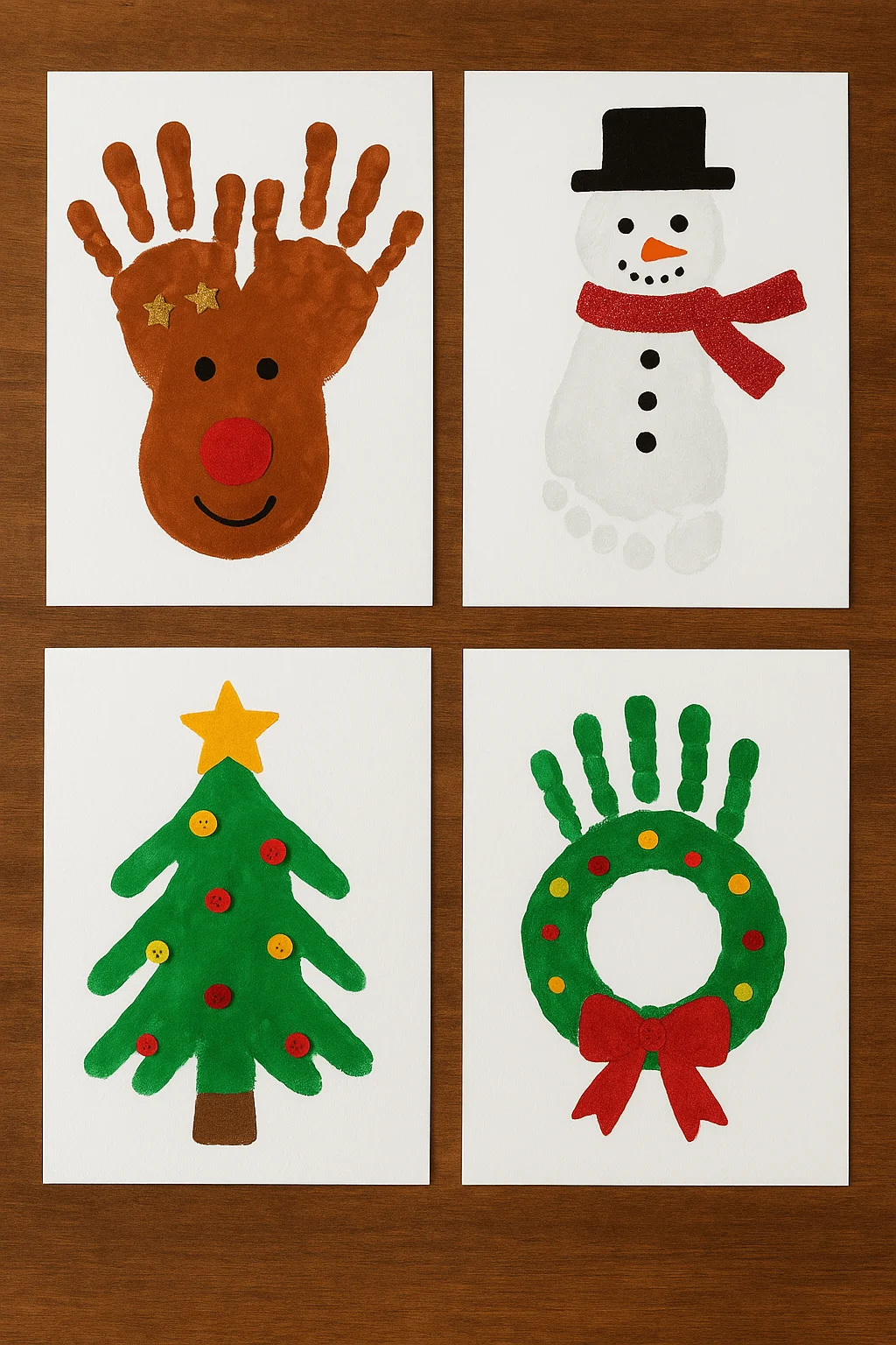 christmas handprint and footprint crafts featuring a reindeer snowman tree and wreath painted on white paper
