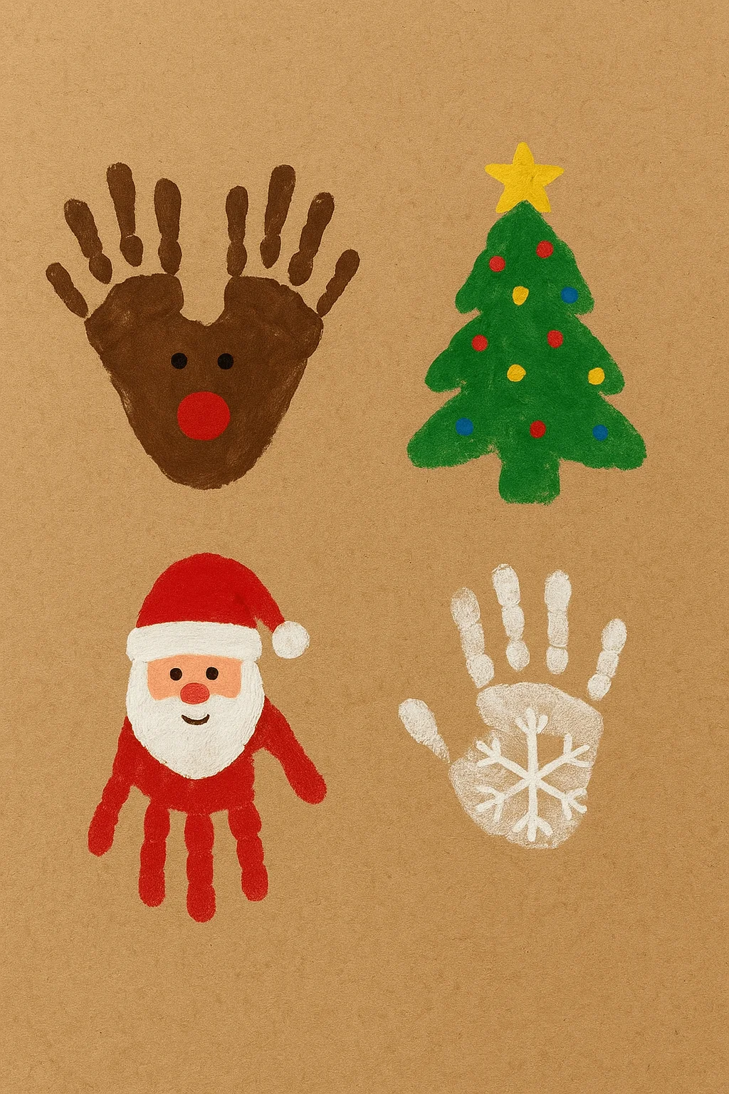 Christmas handprint crafts on brown paper featuring a reindeer, decorated Christmas tree, Santa, and a white handprint snowflake design.