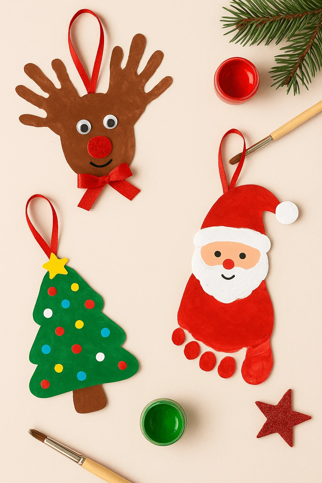 Handprint and footprint Christmas ornaments featuring reindeer Santa and decorated Christmas tree crafts for kids