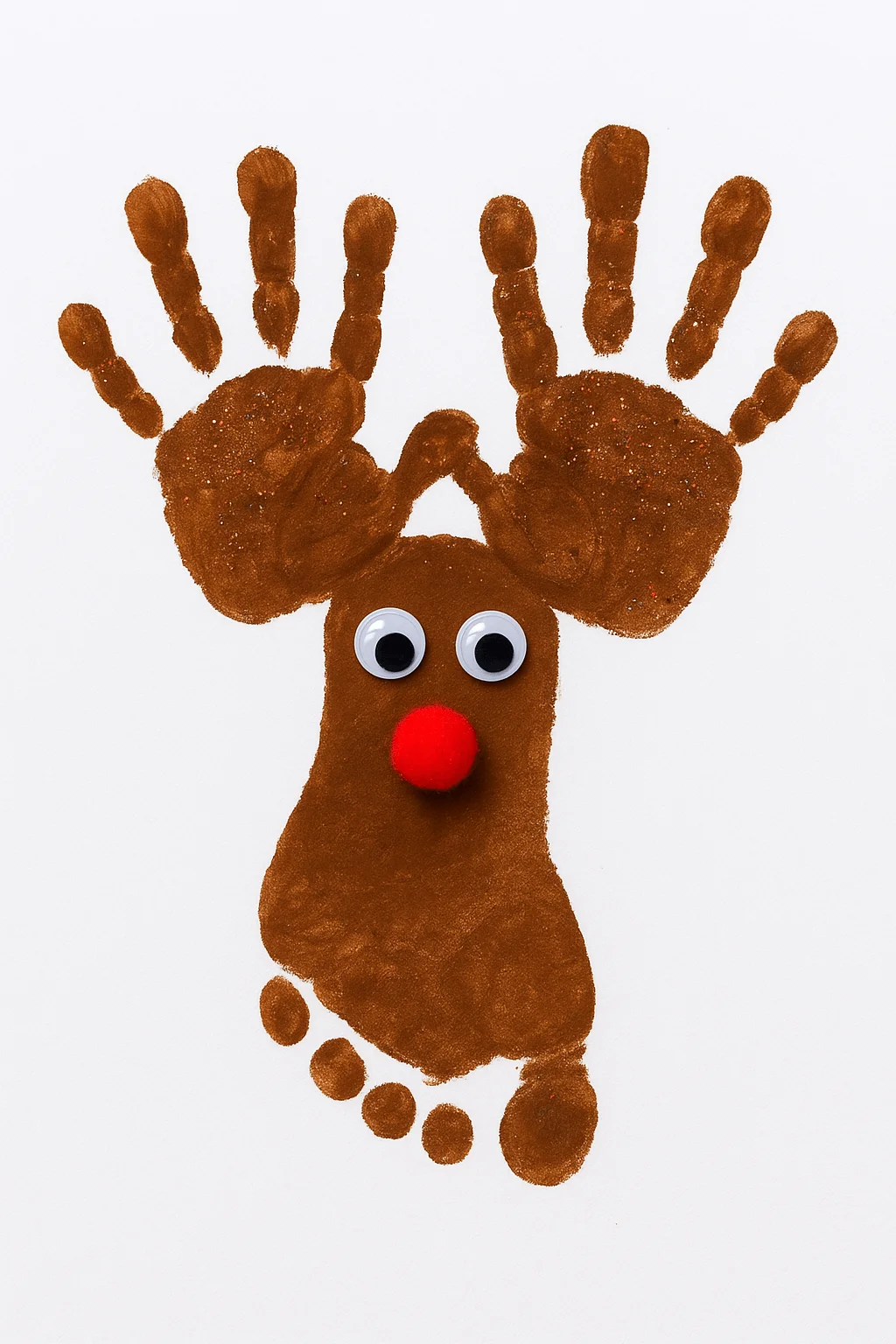 handprint and footprint reindeer craft with brown paint googly eyes and a red pom pom nose
