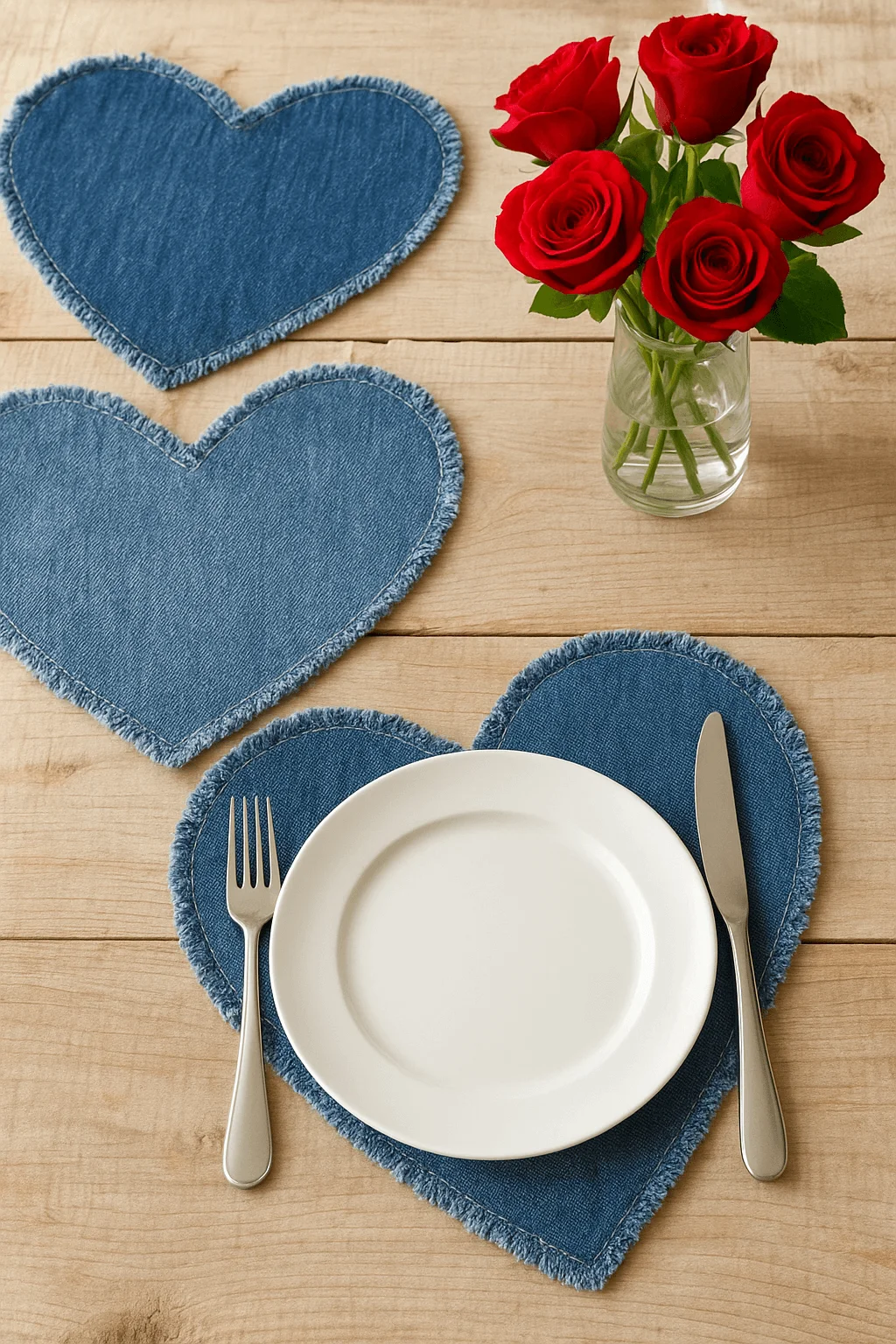 Heart shaped denim placemats with frayed edges and red roses in a glass vase