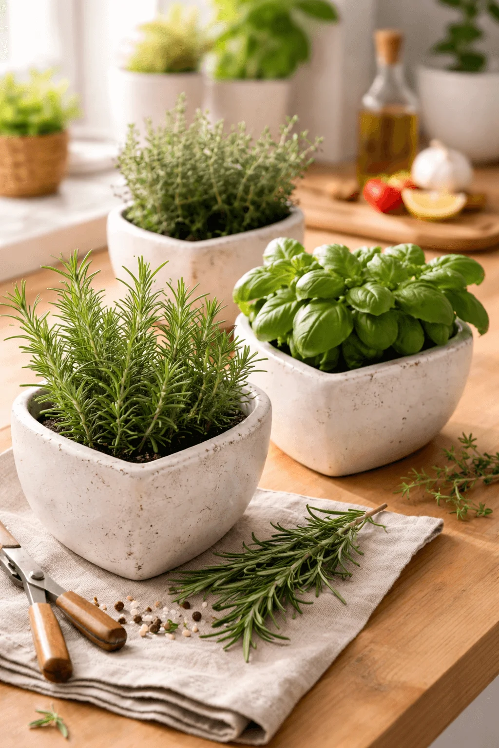 heart shaped herb planters with fresh basil rosemary and thyme in white ceramic pots on wooden kitchen counter with natural light