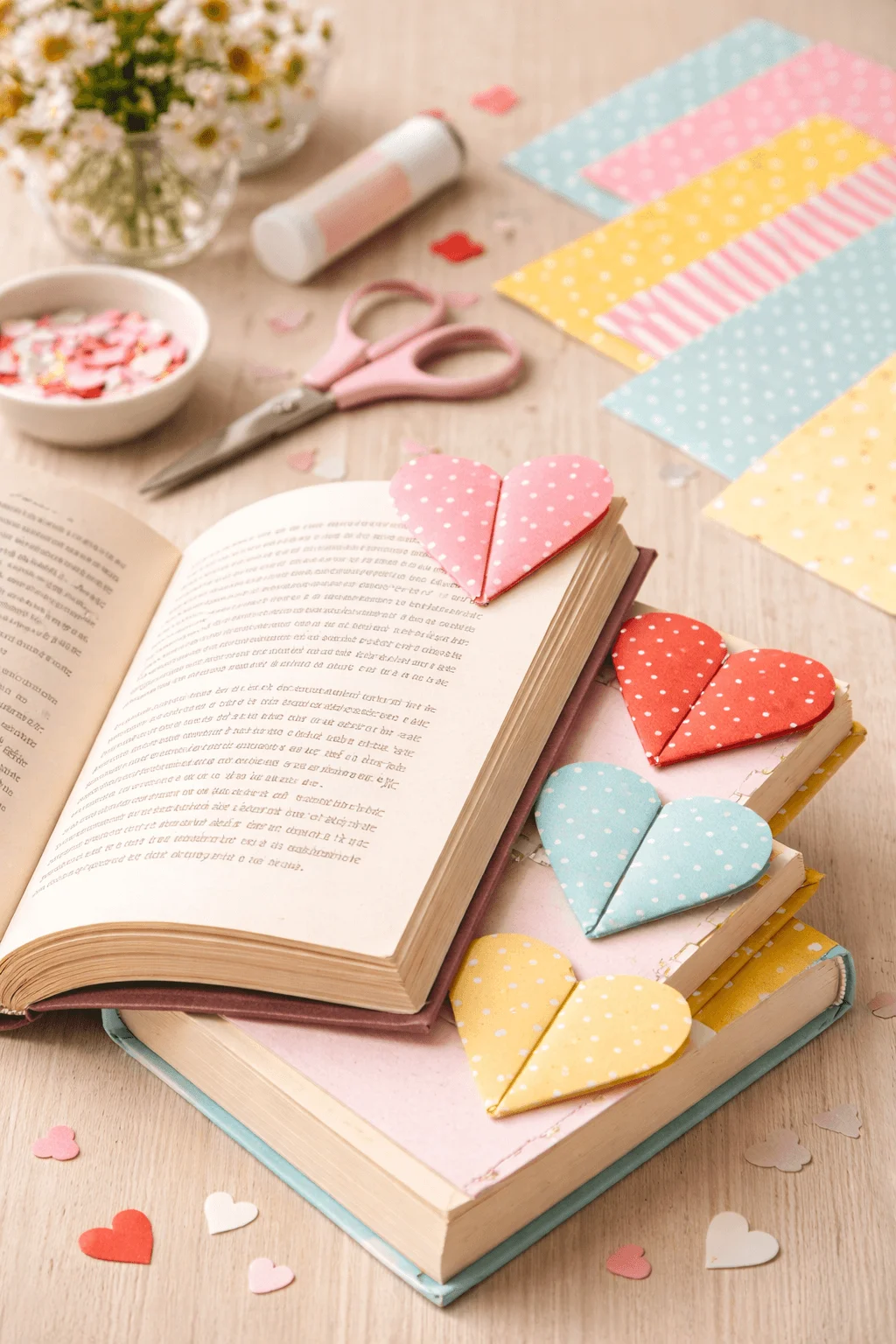 Heart bookmark origami made from colorful patterned paper placed in books as cute handmade reading accessories and gift ideas