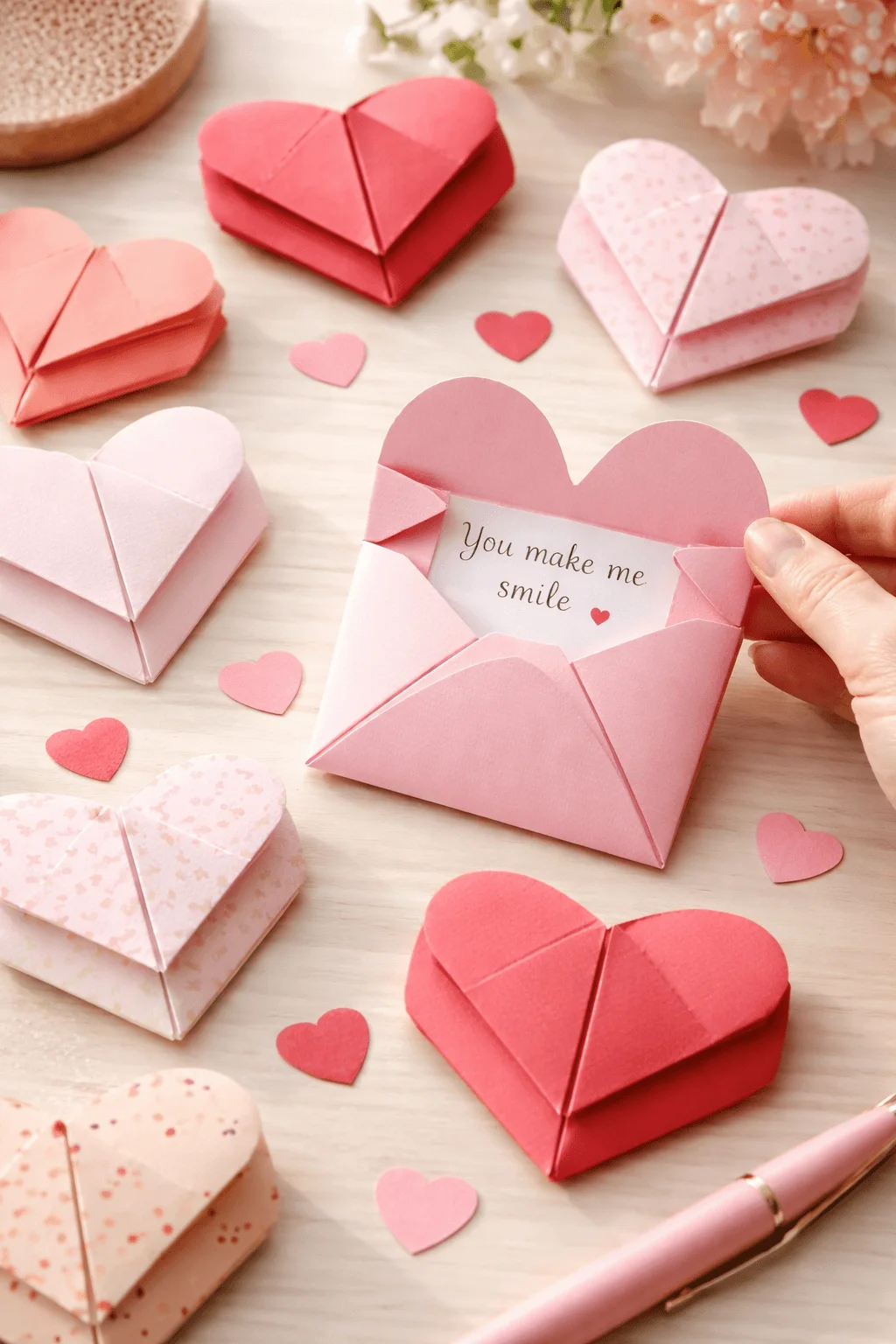 Heart envelope fold paper craft with pastel pink and red heart shaped envelopes revealing secret love notes for handmade romantic gifts