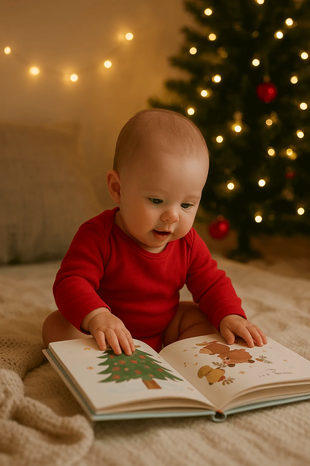baby in red outfit reading a christmas picture book beside a lit holiday tree