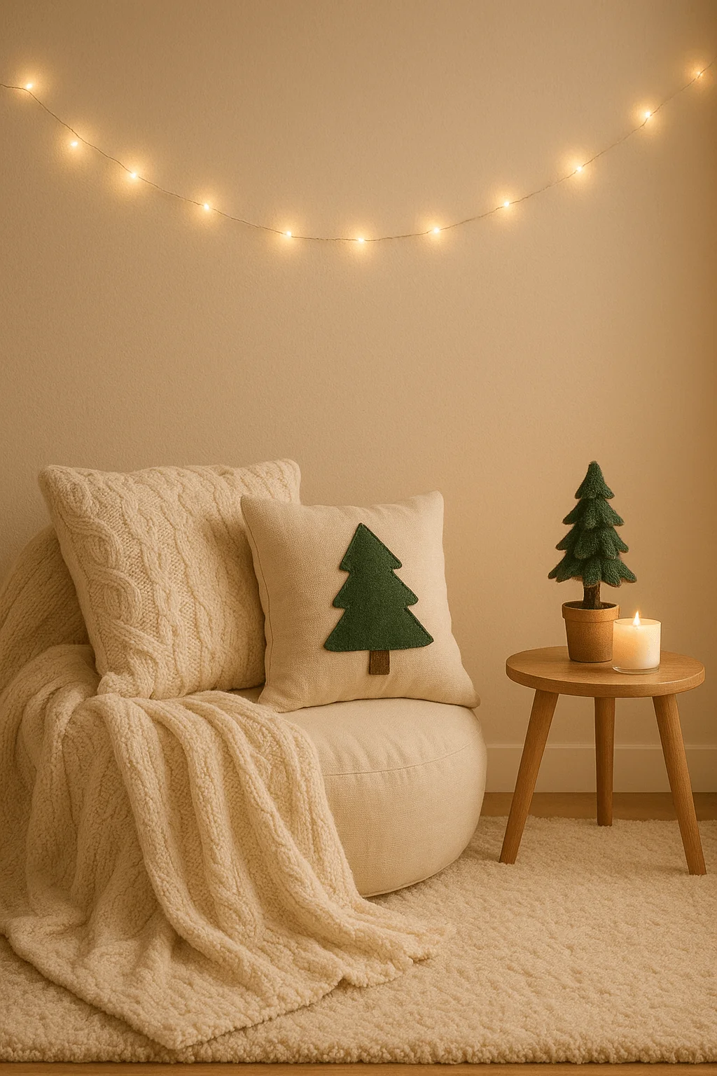cozy holiday themed reading nook with soft blankets pillows twinkle lights and small decorative tree
