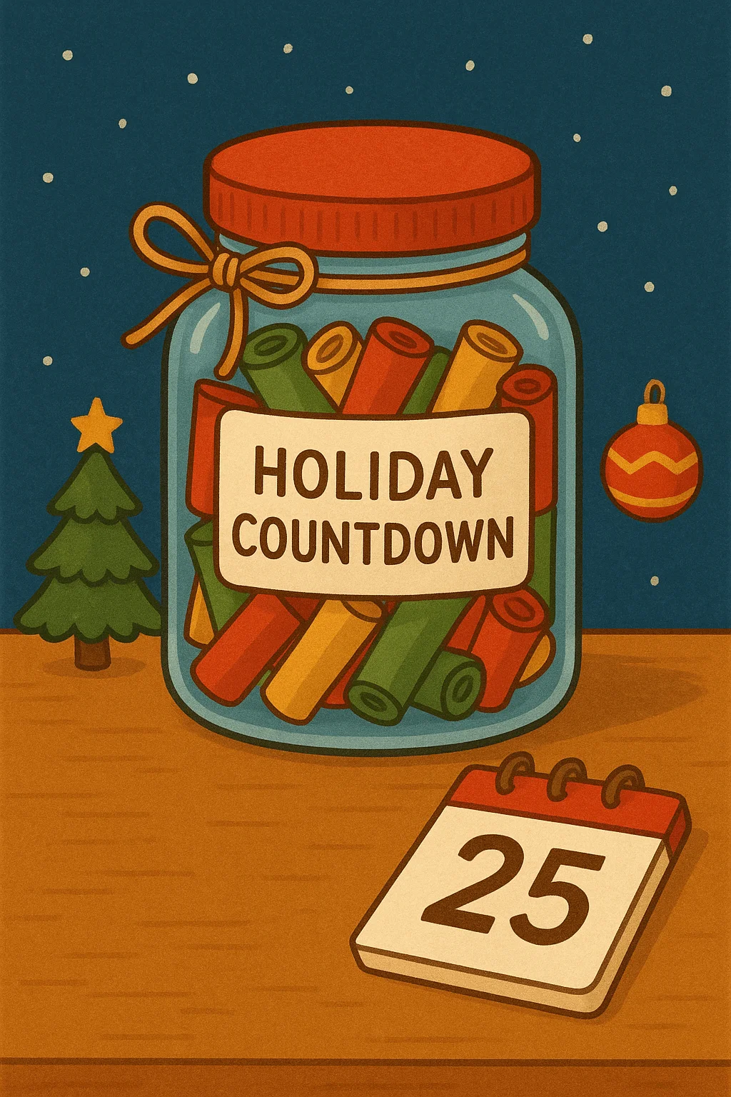 holiday countdown jar with colorful rolled notes and calendar showing december twenty fifth