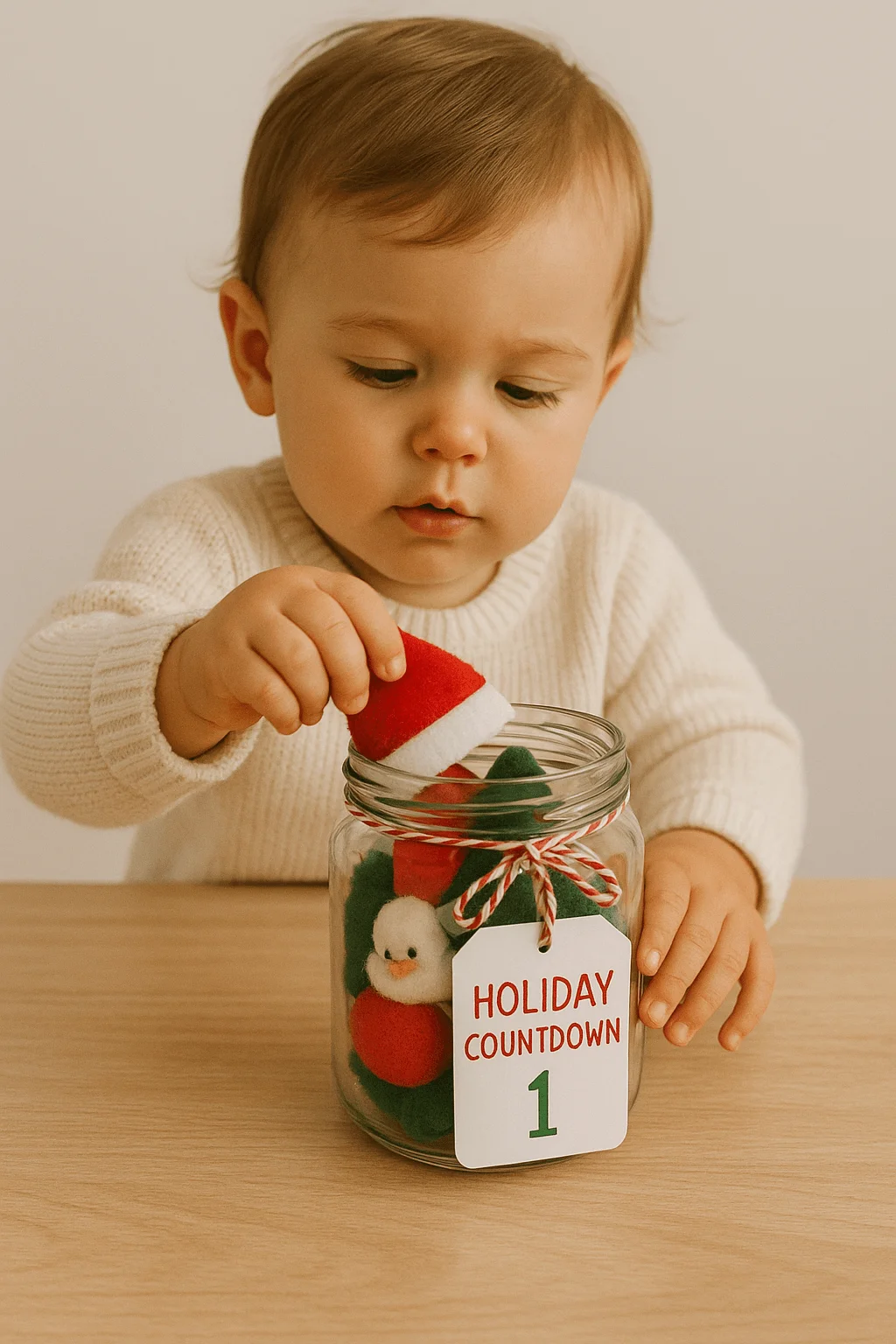 toddler placing felt holiday pieces into a holiday countdown jar on a wooden table