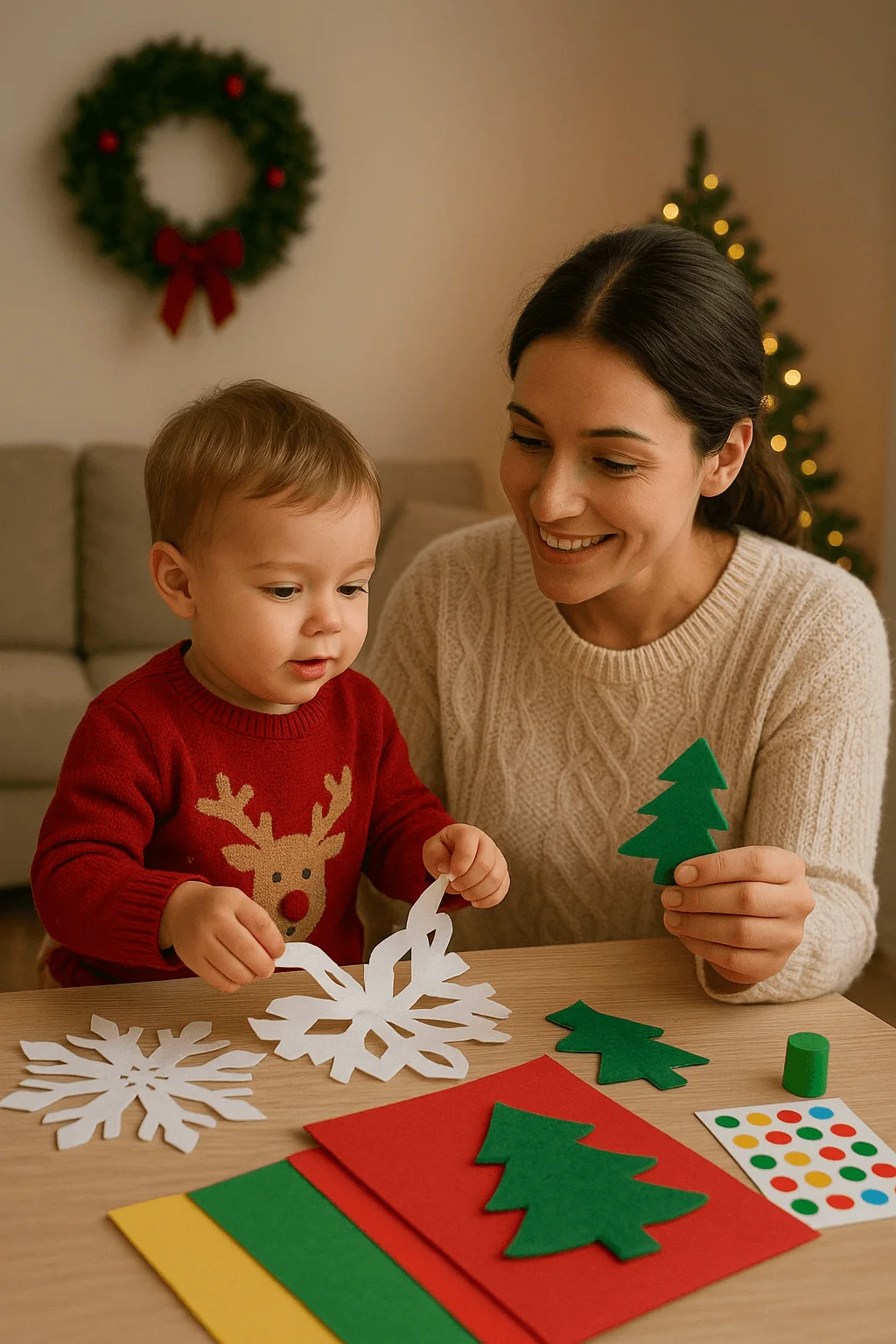 toddler doing holiday crafts with a parent using paper snowflakes and felt christmas tree cutouts