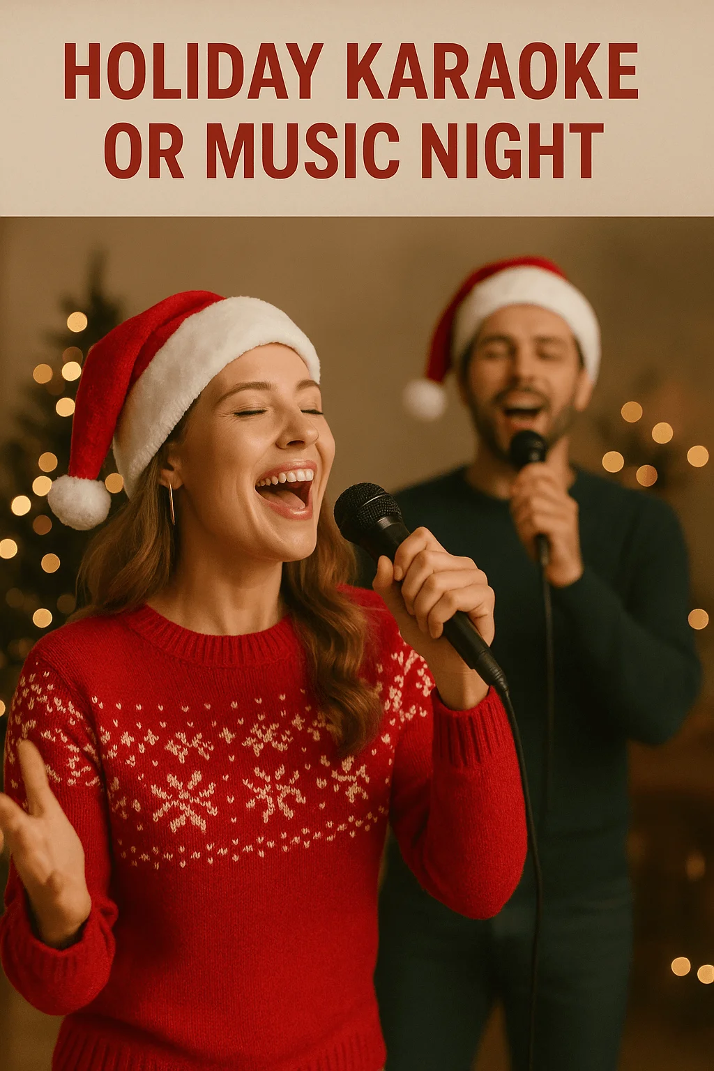 Two adults wearing Santa hats sing into microphones during a festive holiday karaoke or music night. The woman in front is smiling with her eyes closed while singing, dressed in a red patterned sweater, and the man behind her sings along. Warm holiday lights and a decorated Christmas tree glow softly in the background.
