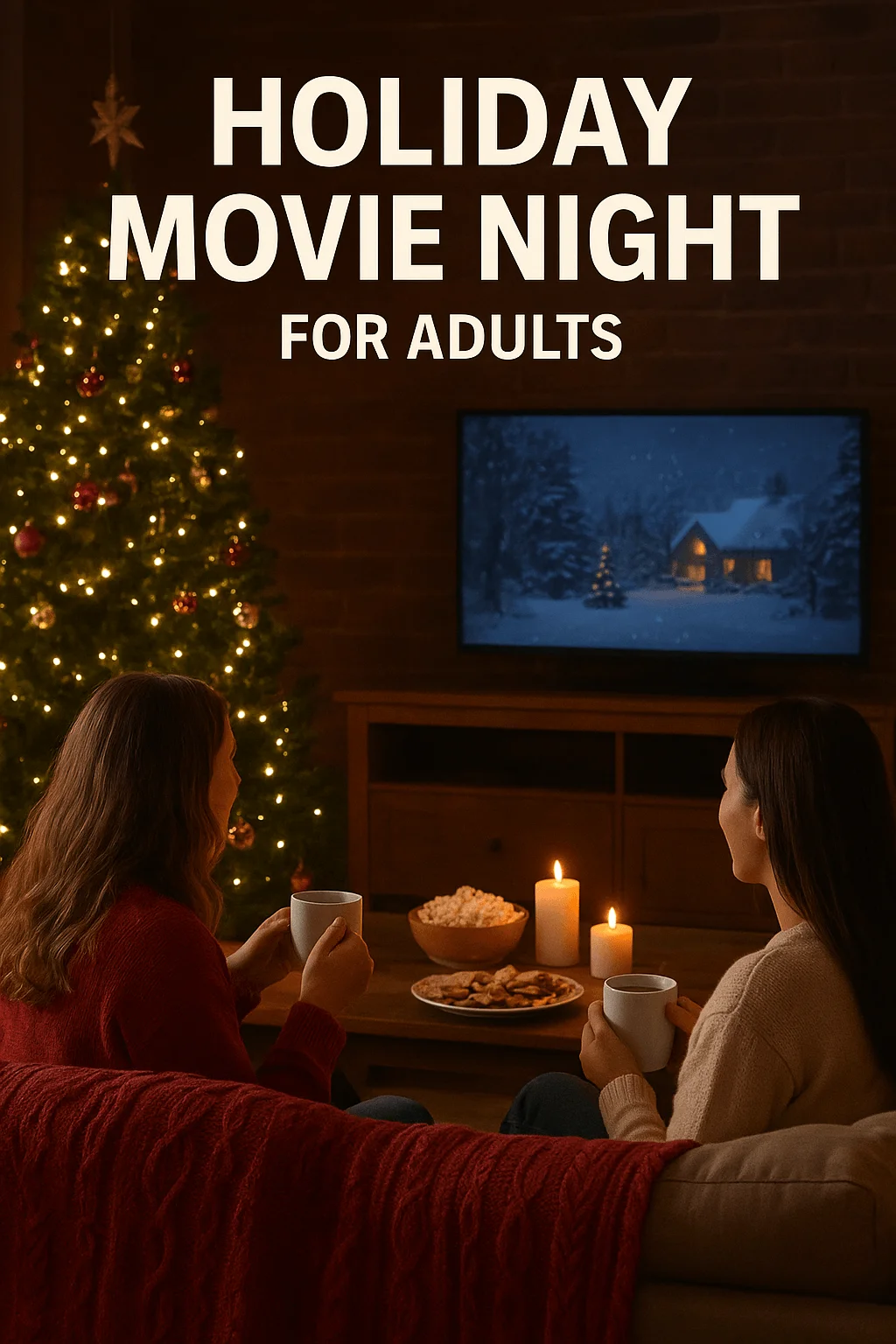 Two adults sit on a cozy sofa with mugs in hand, watching a holiday movie on a TV across the room. A decorated Christmas tree glows with warm lights beside them, while candles, popcorn, and cookies create a festive, relaxing atmosphere. Bold text above reads “Holiday Movie Night for Adults.