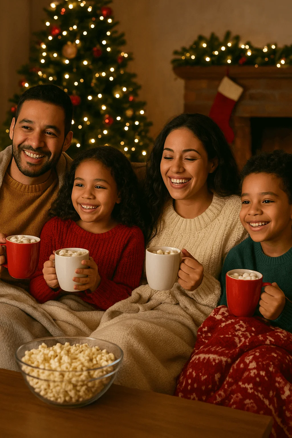 family enjoying holiday movie night with hot cocoa blankets and christmas tree lights
